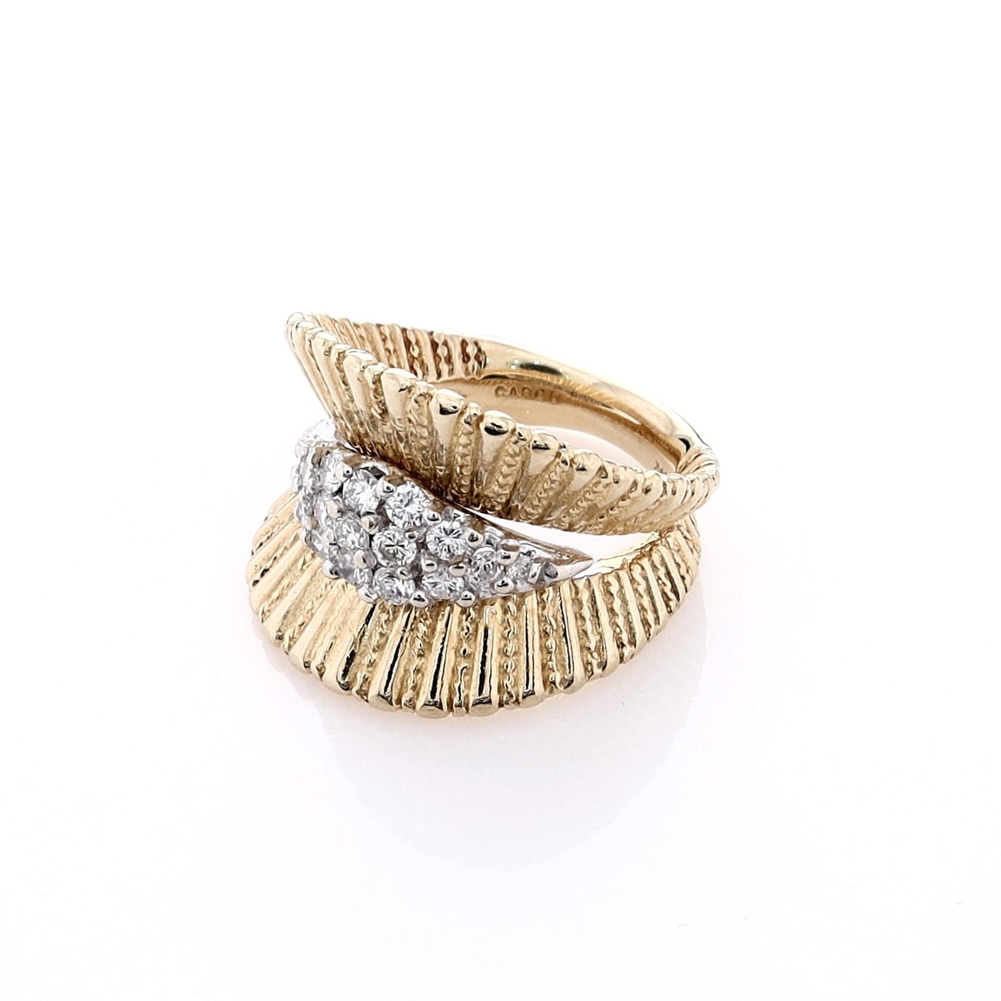 14k Two Tone Estate Carousel Diamond Ring with Pave Center and Ribbed Concave Design, a Stunning Jewelry Piece