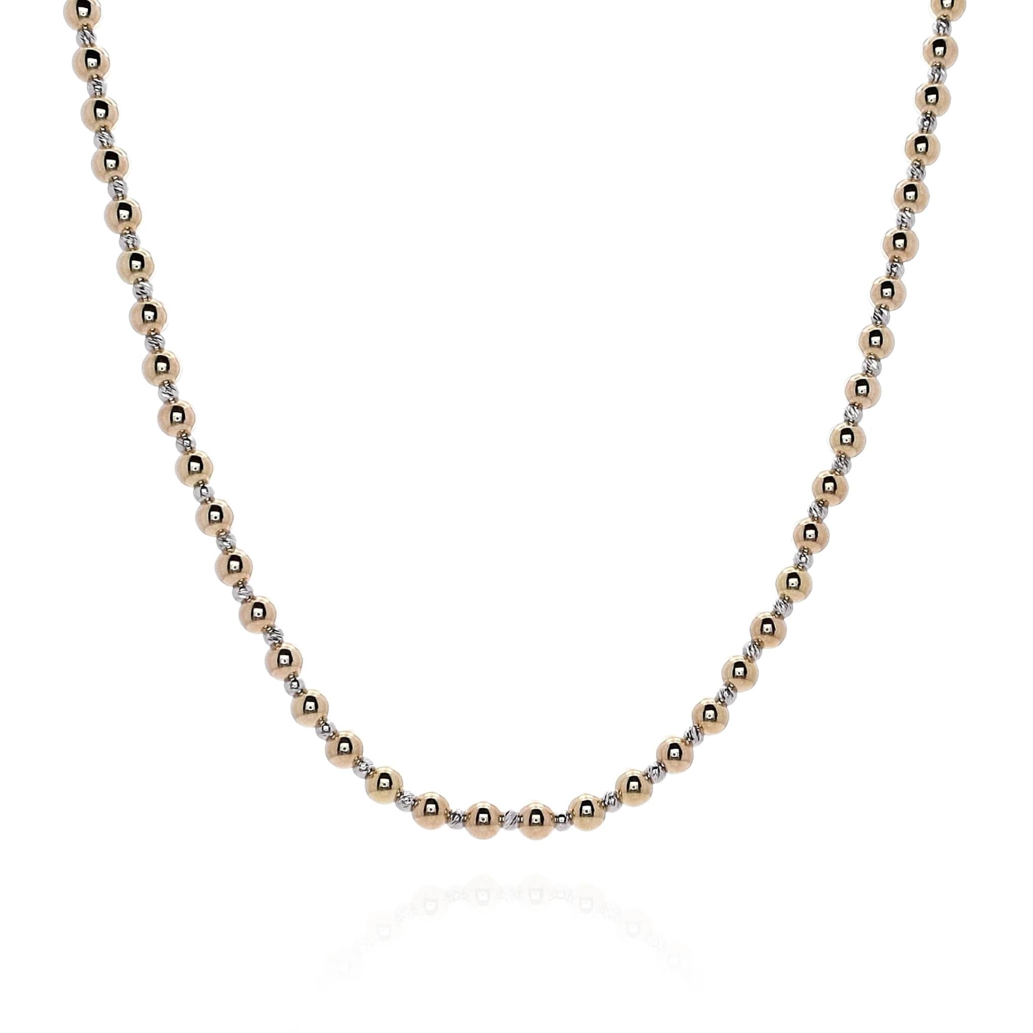 14k Yellow and White Gold Two-Tone Polished & Diamond-Cut Adjustable Beaded Chain Necklace