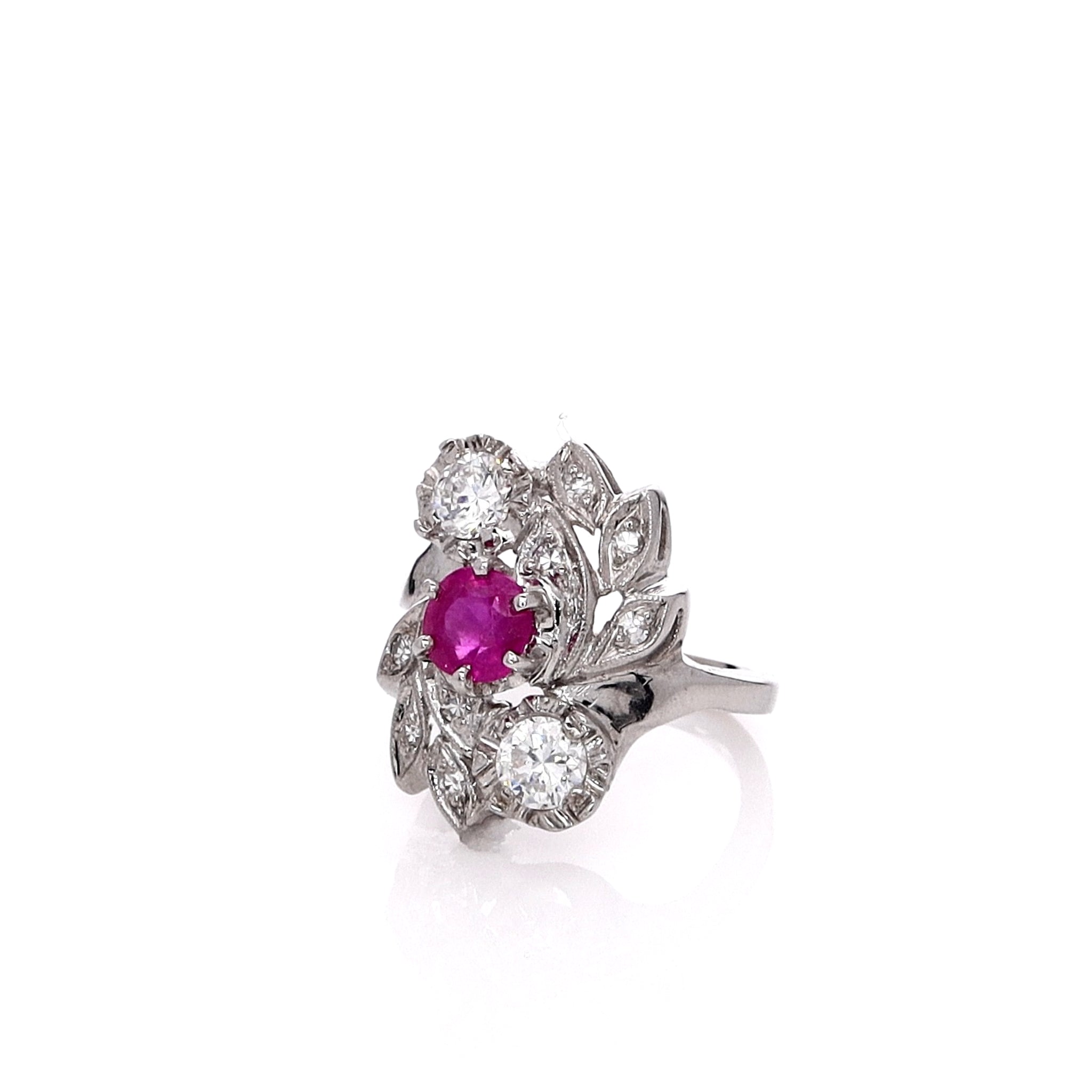 Exquisite Estate 14 Karat White Gold Ruby and Diamond Cocktail Ring for Special Occasions