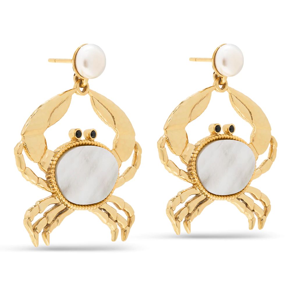18K Yellow Gold Plated Capucine De Wulf Crab-Shaped Mother of Pearl Side Walker Earrings