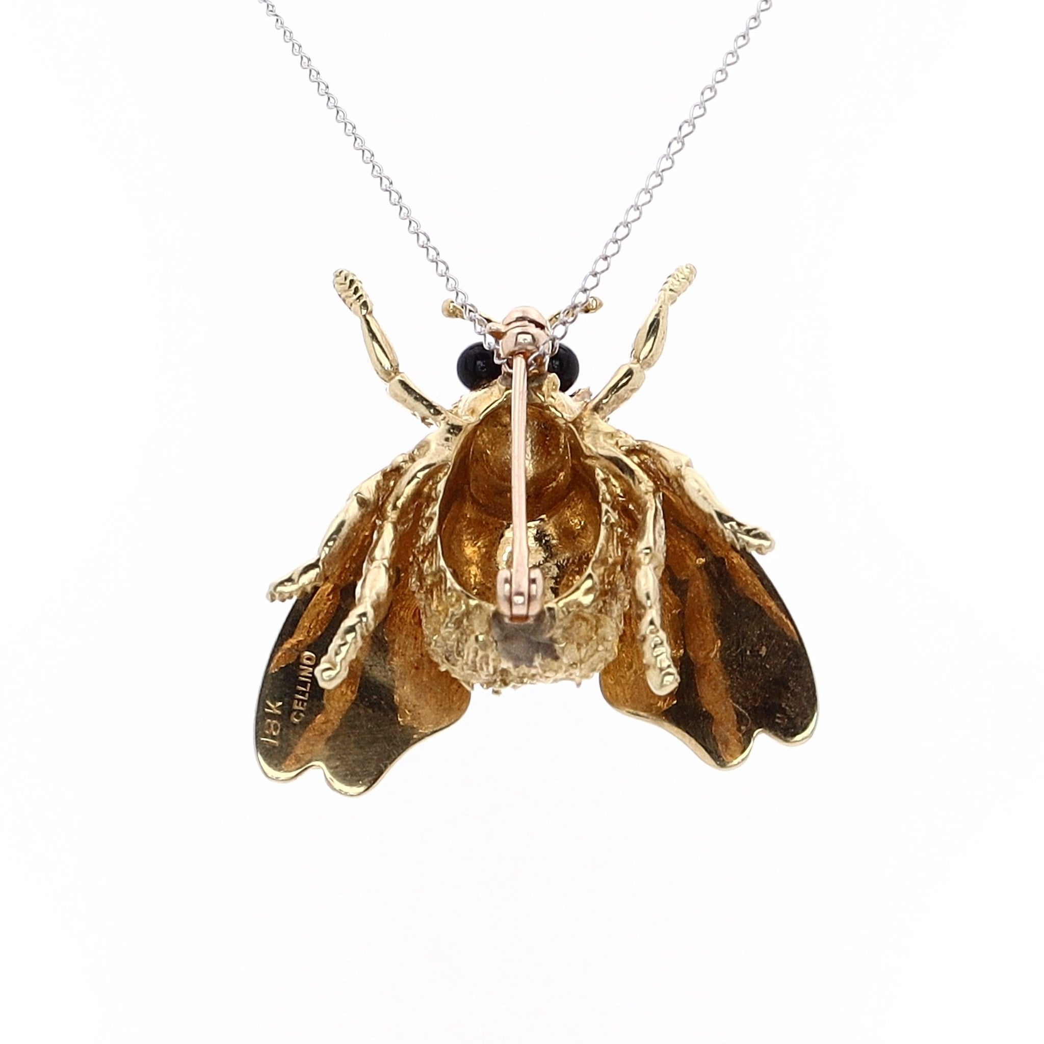 18K Yellow Gold Textured Fly Pin with Onyx Bead Eyes by Estate Cellino