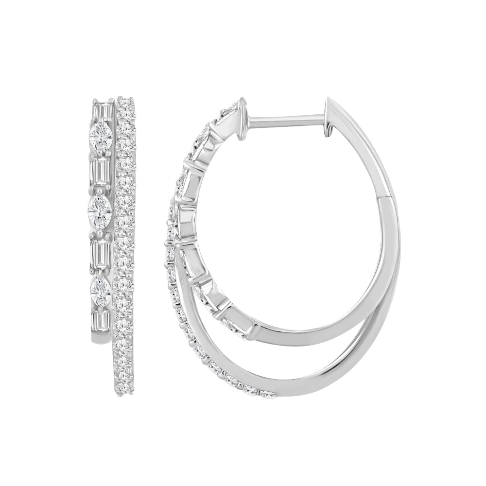 Stunning 18k White Gold Double Row Hoop Diamond Earrings
