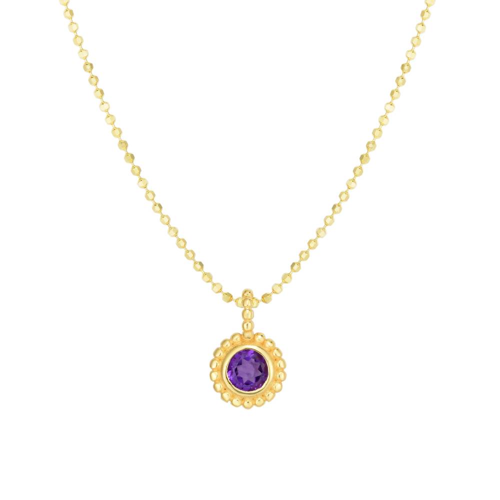 18-Inch 14k Yellow Gold Beaded Necklace with Amethyst Pendant