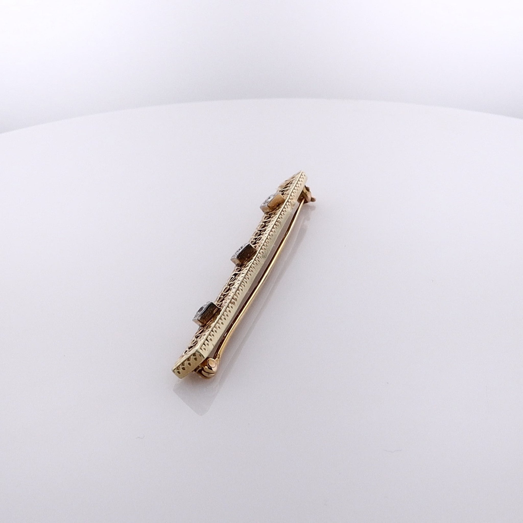 Exquisite 14 Karat Yellow Gold Bar Pin with 3 Old European Diamonds