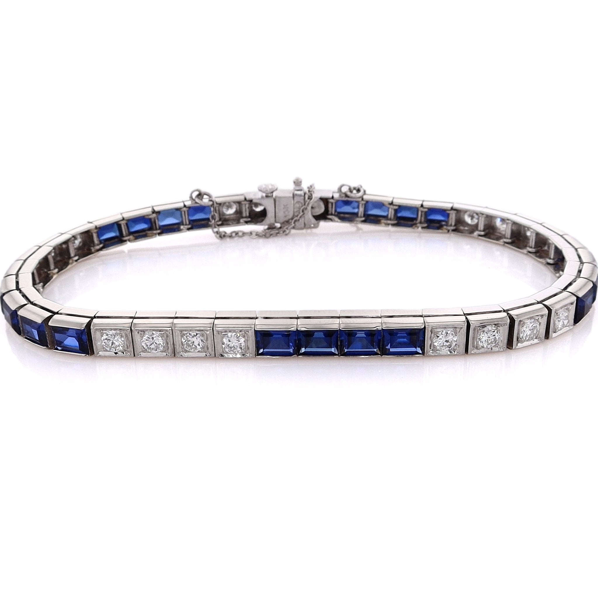 Exquisite 14K White Gold Diamond and Synthetic Sapphire Block-Style Bracelet with Safety Chain
