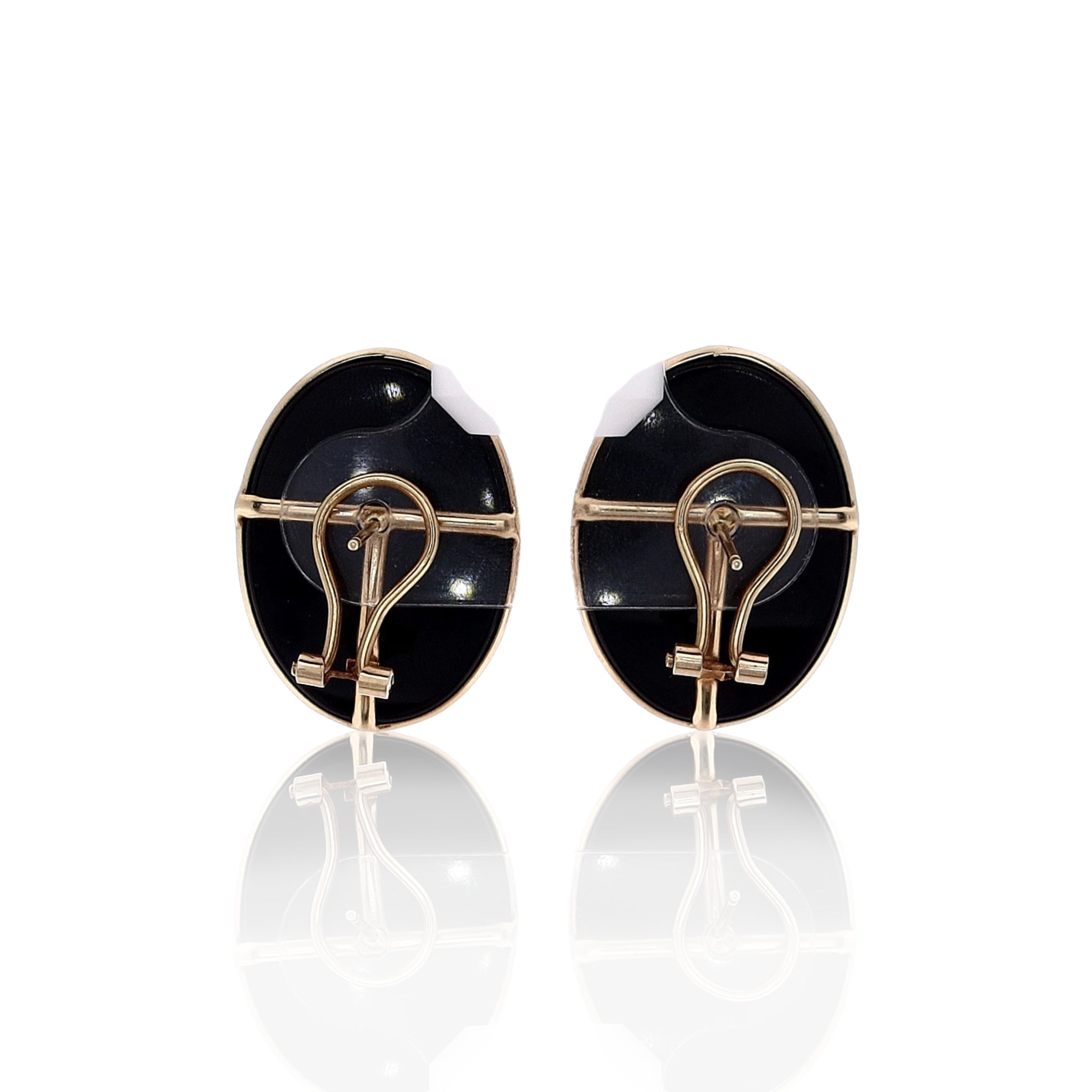 Stylish Estate 14k Yellow Gold Earrings with Onyx Tab Cabochon and Oval Amber Gemstones