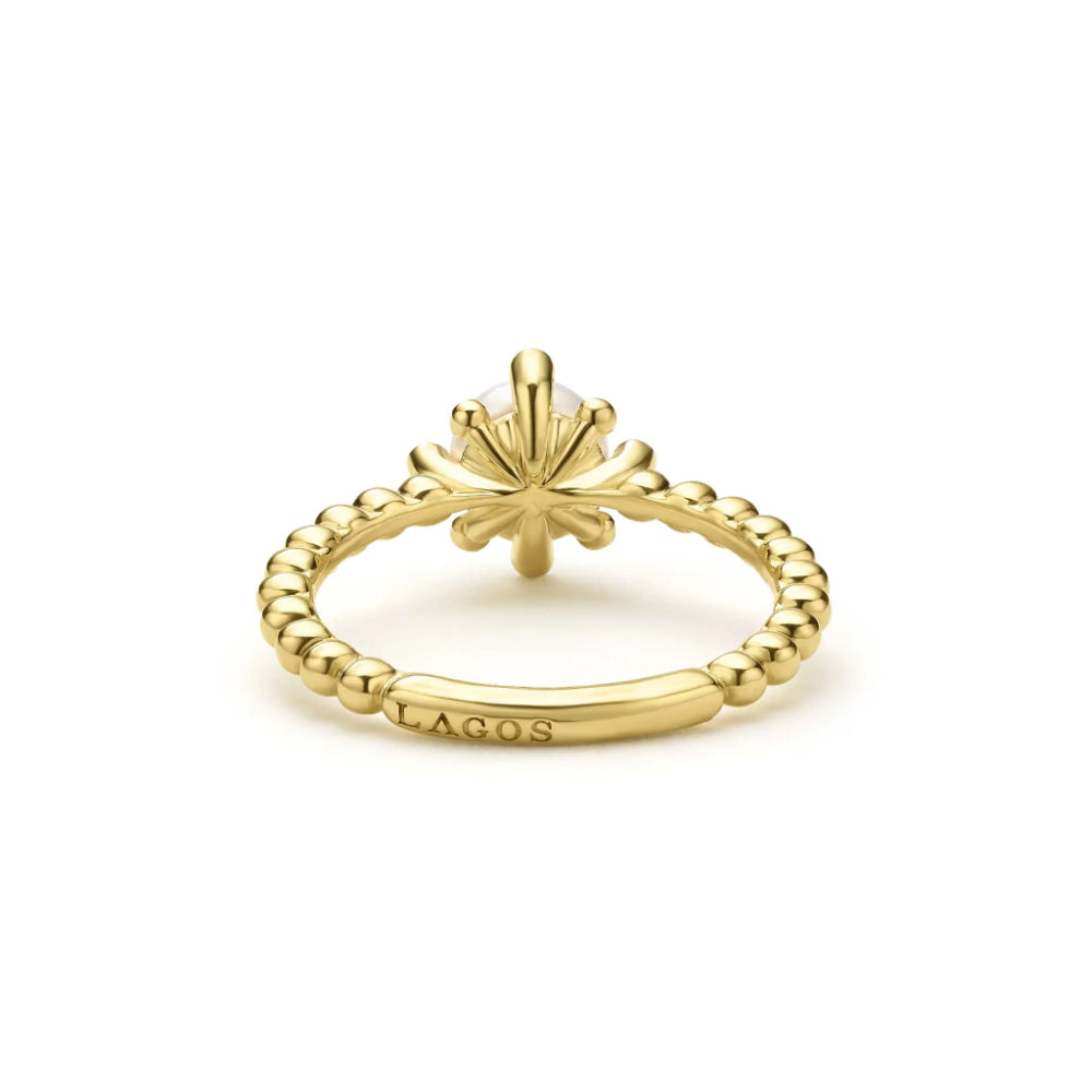 Exquisite Lagos Luna 18k Gold Pearl and Diamond Fleur Ring