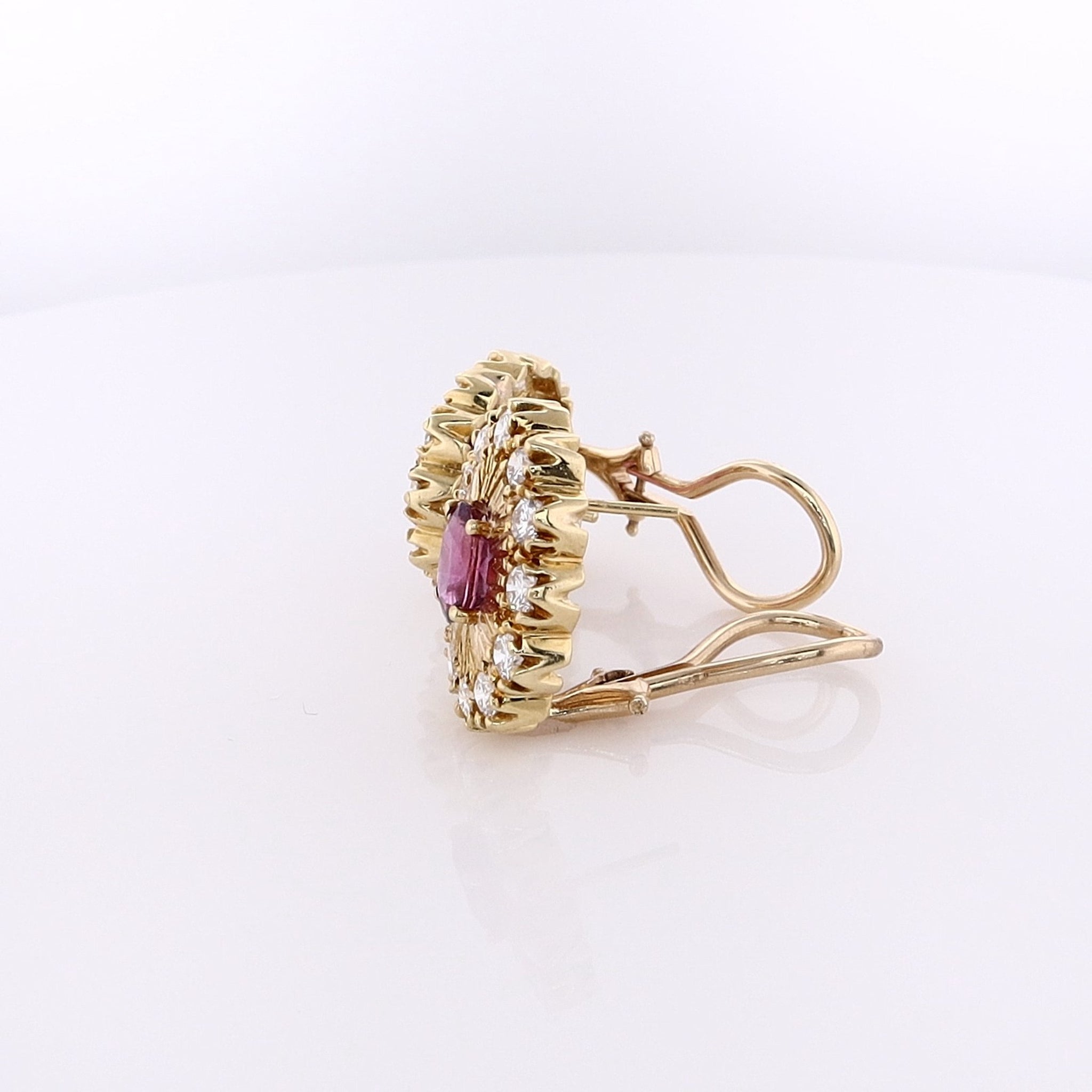 18K Yellow Gold Pink/Purple Sapphire and Diamond Starburst Omega Back Earrings