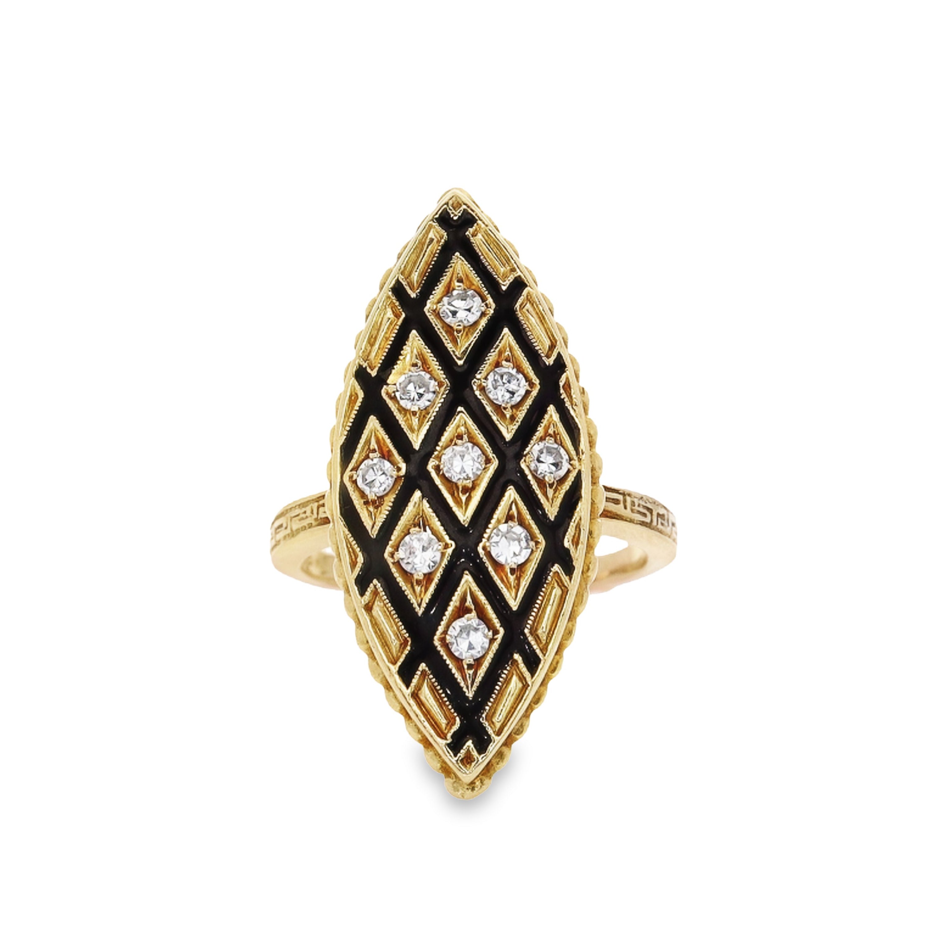 14k Yellow Gold Diamond & Black Enamel Marquise Cocktail Ring Size 7
