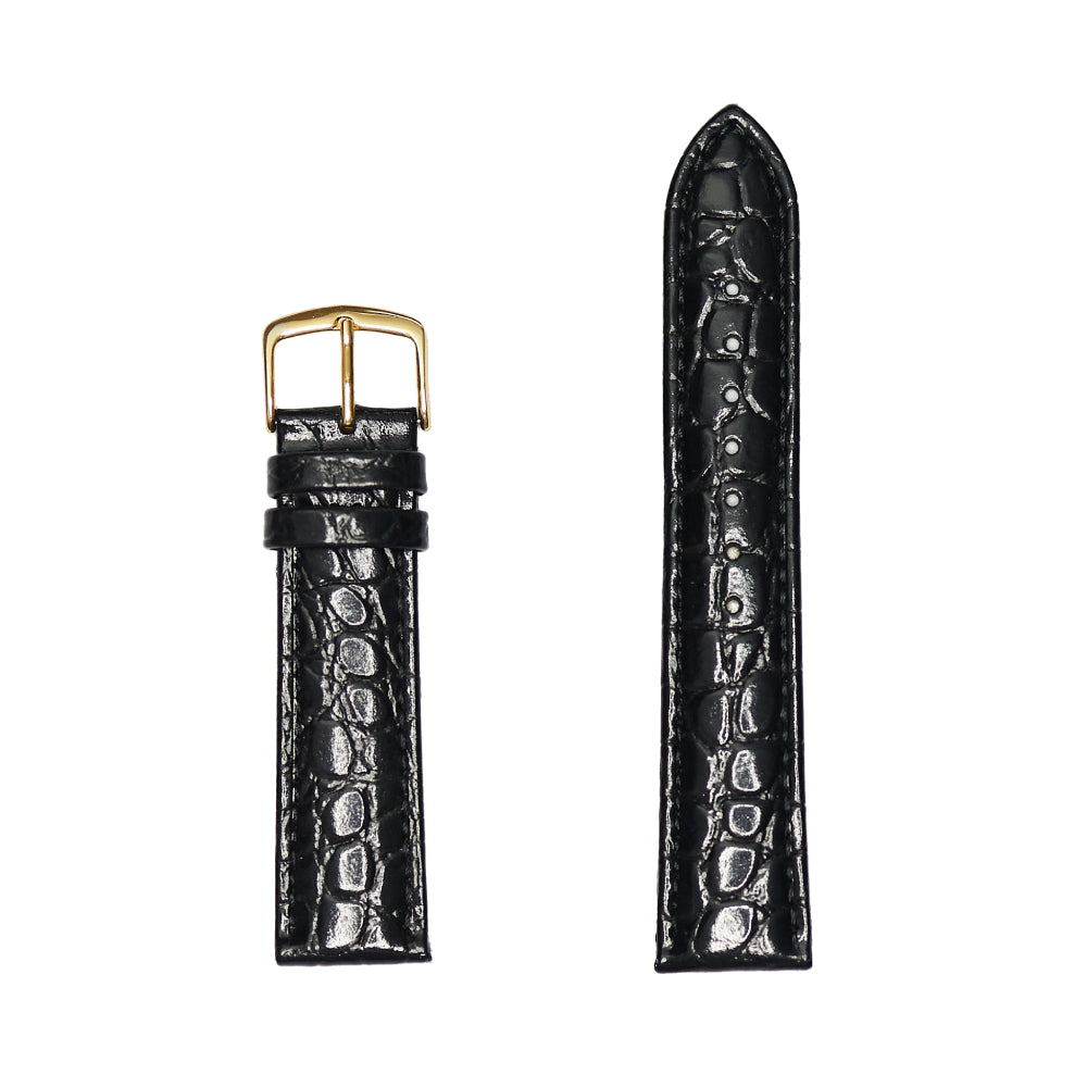 Black Men's Long Genuine Crocodile Grain Leather Watch Band with Gold Buckle