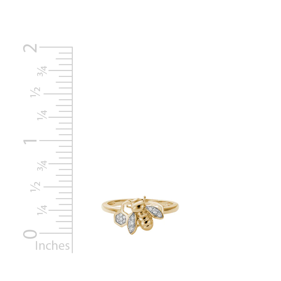 14K Yellow Gold Bee and Honeycomb Design Ring Embellished with Diamonds