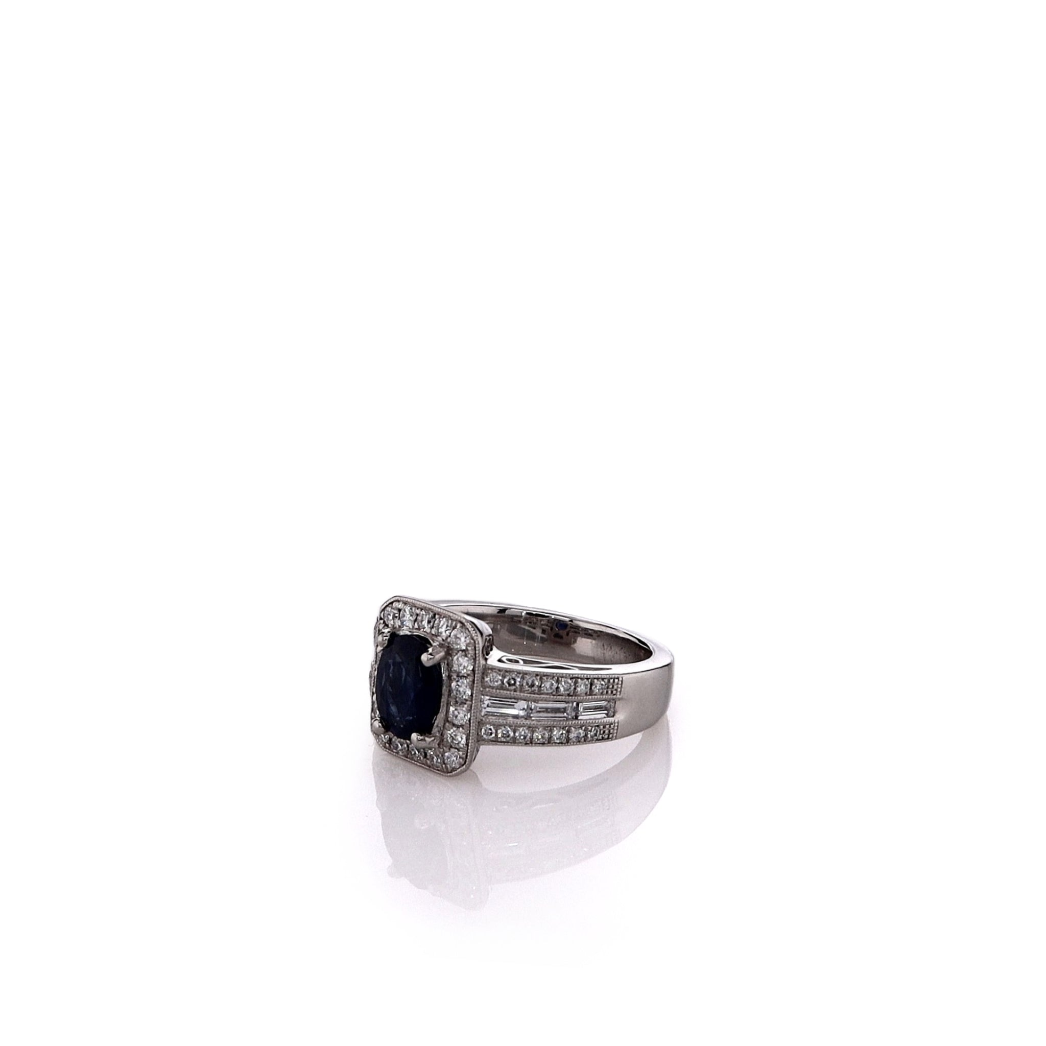 Simon G. Estate Platinum Triple Shank Halo Ring with Sapphire and Diamonds
