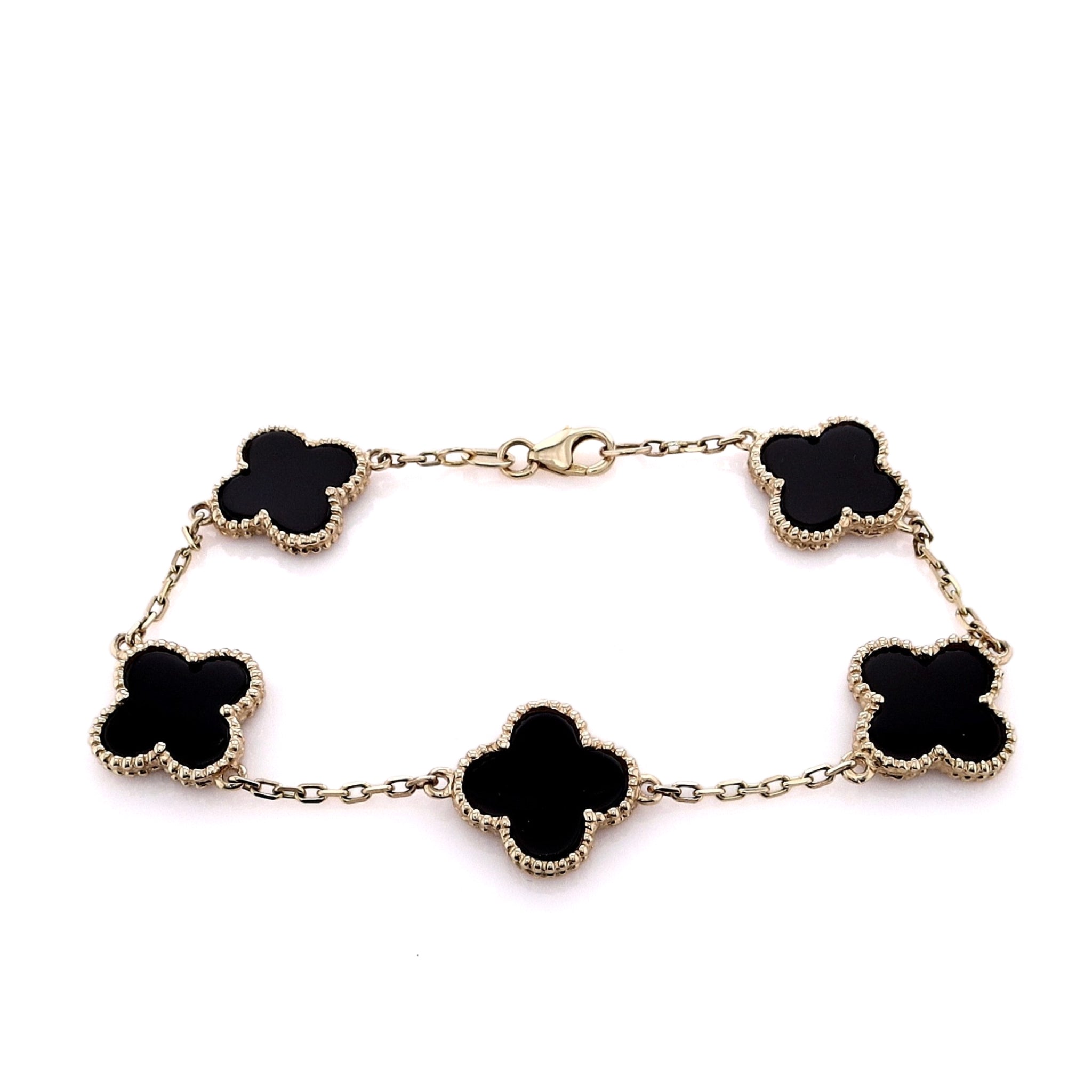 14k Yellow Gold 7.5-Inch Bracelet with Black Onyx Clover Design - Station Style Jewelry