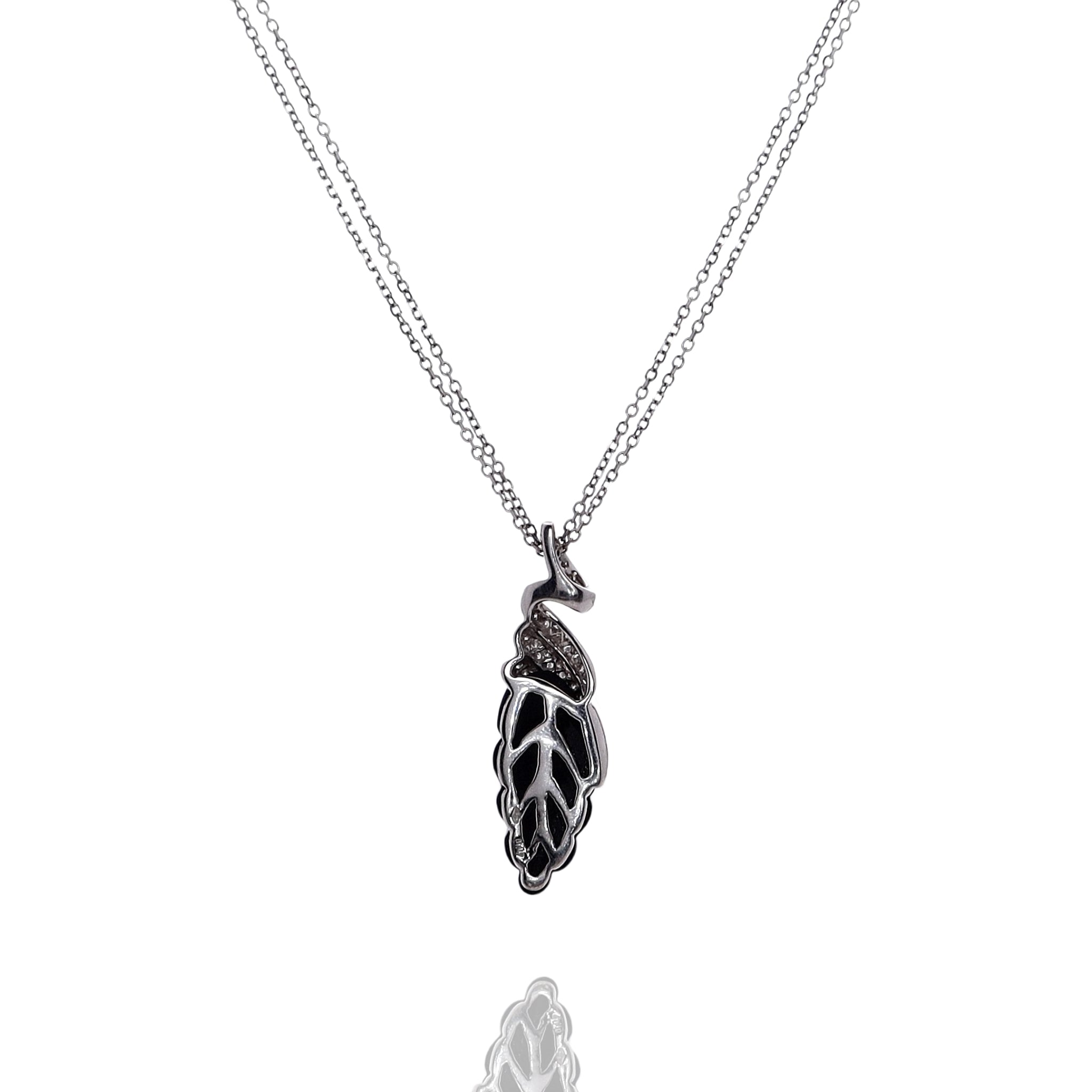 Exquisite 18k White Gold Hand - Carved Onyx Leaf and Diamond Adorned Double - Chain Pendant Necklace for Women