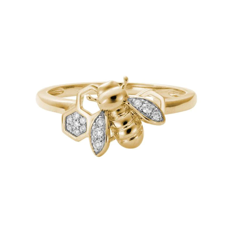 14K Yellow Gold Bee and Honeycomb Design Ring Embellished with Diamonds