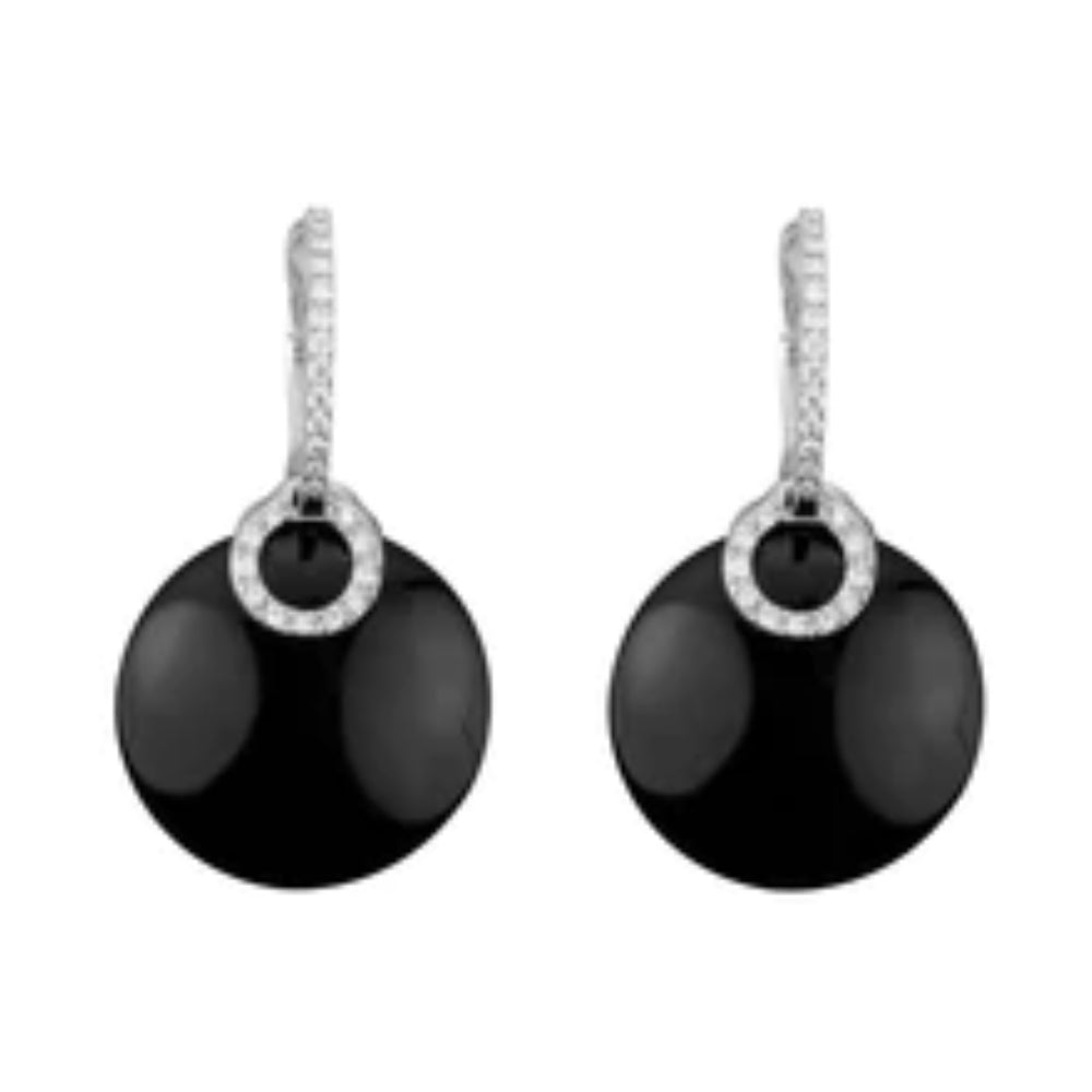 Exquisite 14k White Gold and Black Onyx Stud Earrings with Diamond Accents