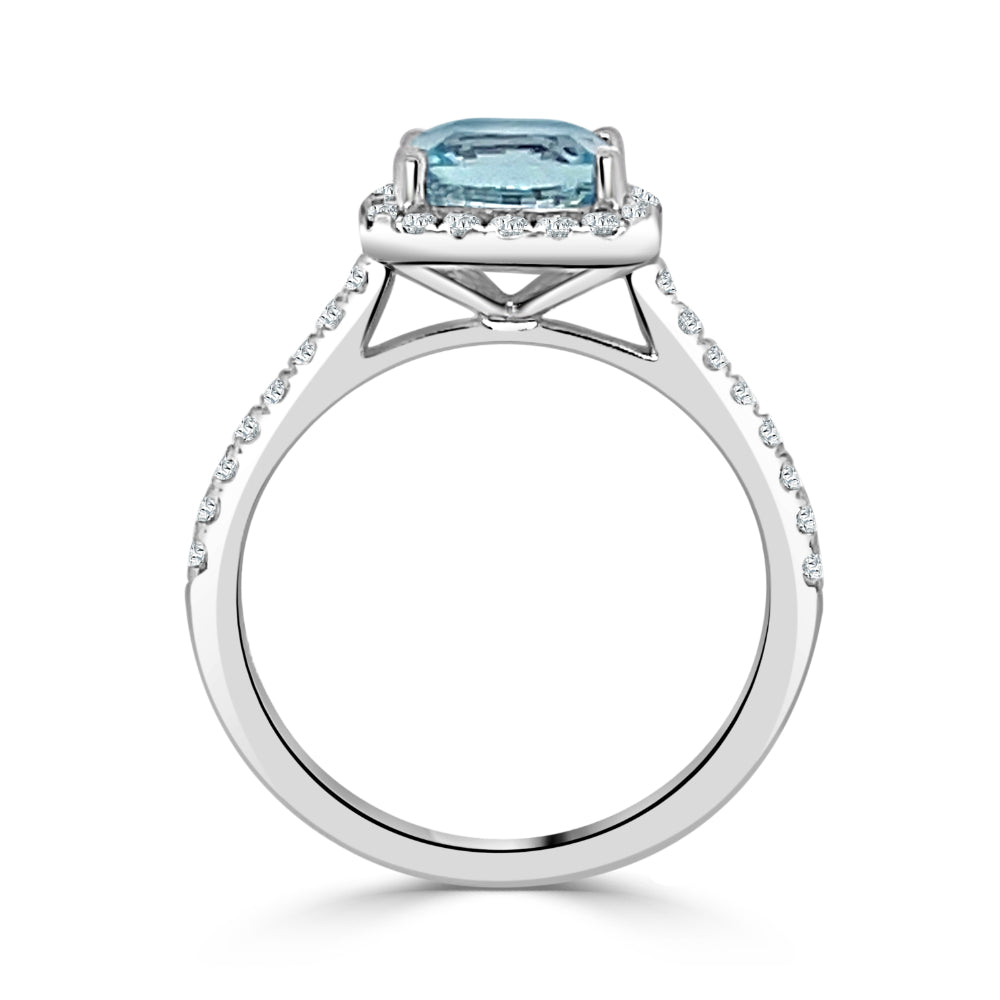 Stunning 14k Gold Ring with 7mm Cushion Cut Aquamarine and 36 Diamonds