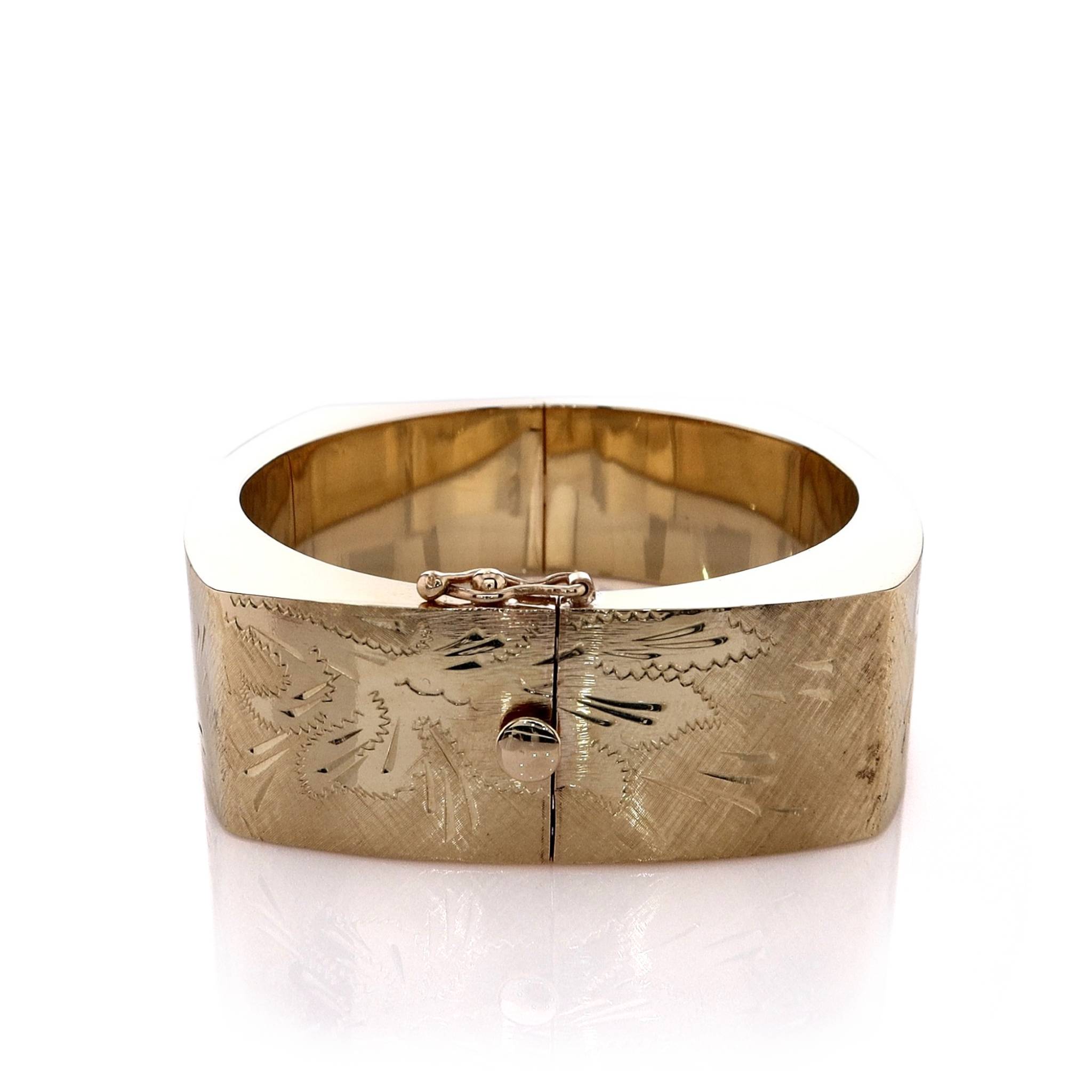 Exquisite 14k Yellow Gold Florentine-Engraved Wide Flower Design Bangle Bracelet for Women