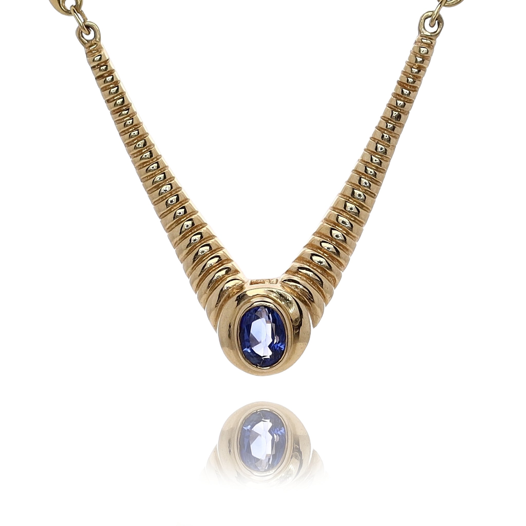 Luxurious Estate 18k Yellow Gold Ribbed V - Shaped Design Sapphire Jewelry Necklace
