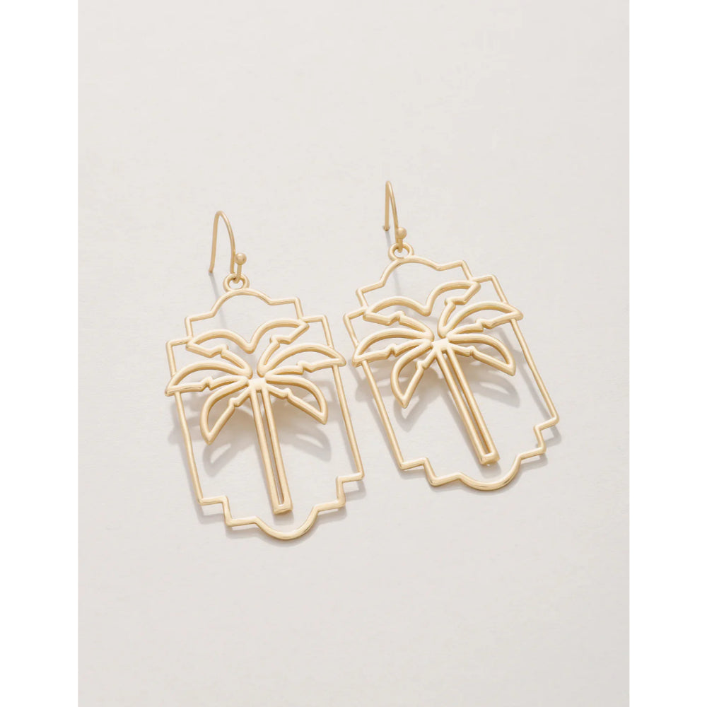 Lightweight 18kt Matte Gold Palm Geo Drop Earrings for Resort Style