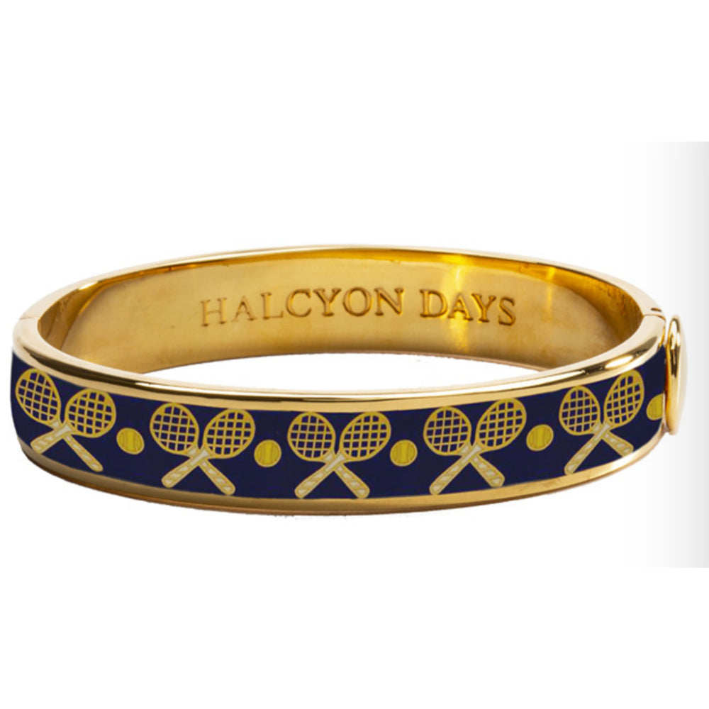Halcyon Days Luxury 1cm Gold - Plated Hinged Enamel Tennis Racket and Ball Bangle for Fashion Accessories