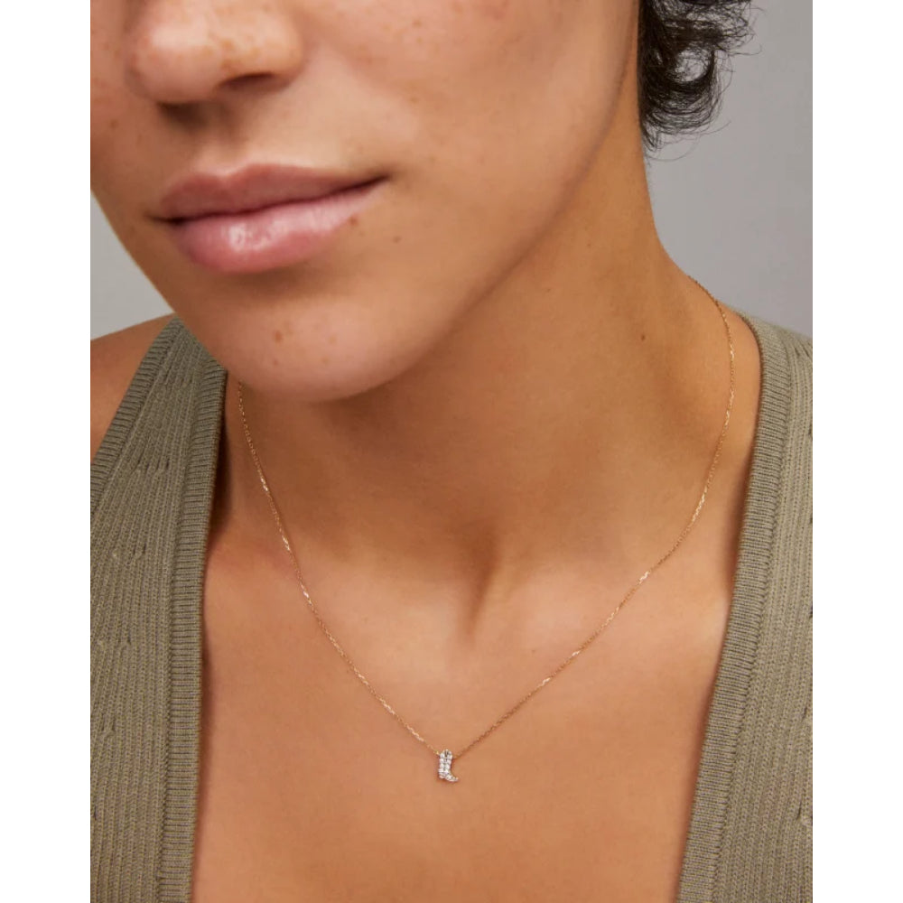 14k Yellow Gold White Diamond Tiny Cowboy Boot Pendant Necklace