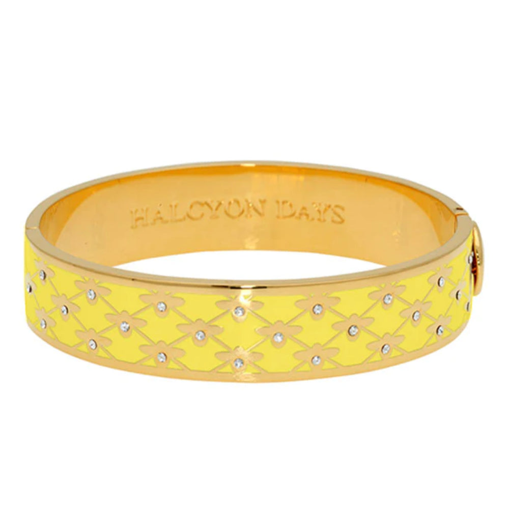 Halcyon Days 13mm Gold - Plated Enamel Hinged Bee Sparkle Trellis Design Jewelry Bangle