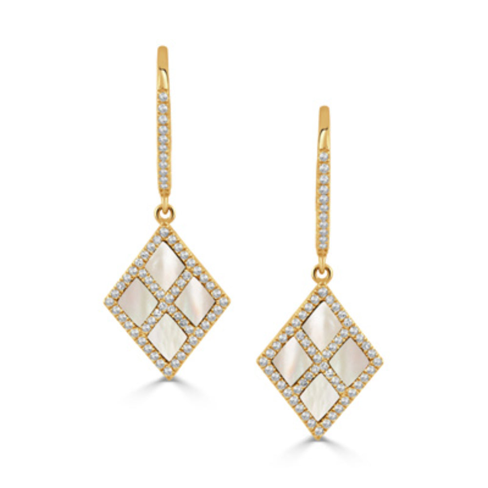Stunning 14k Gold Drop Earrings Adorned with Mother of Pearl and Diamonds