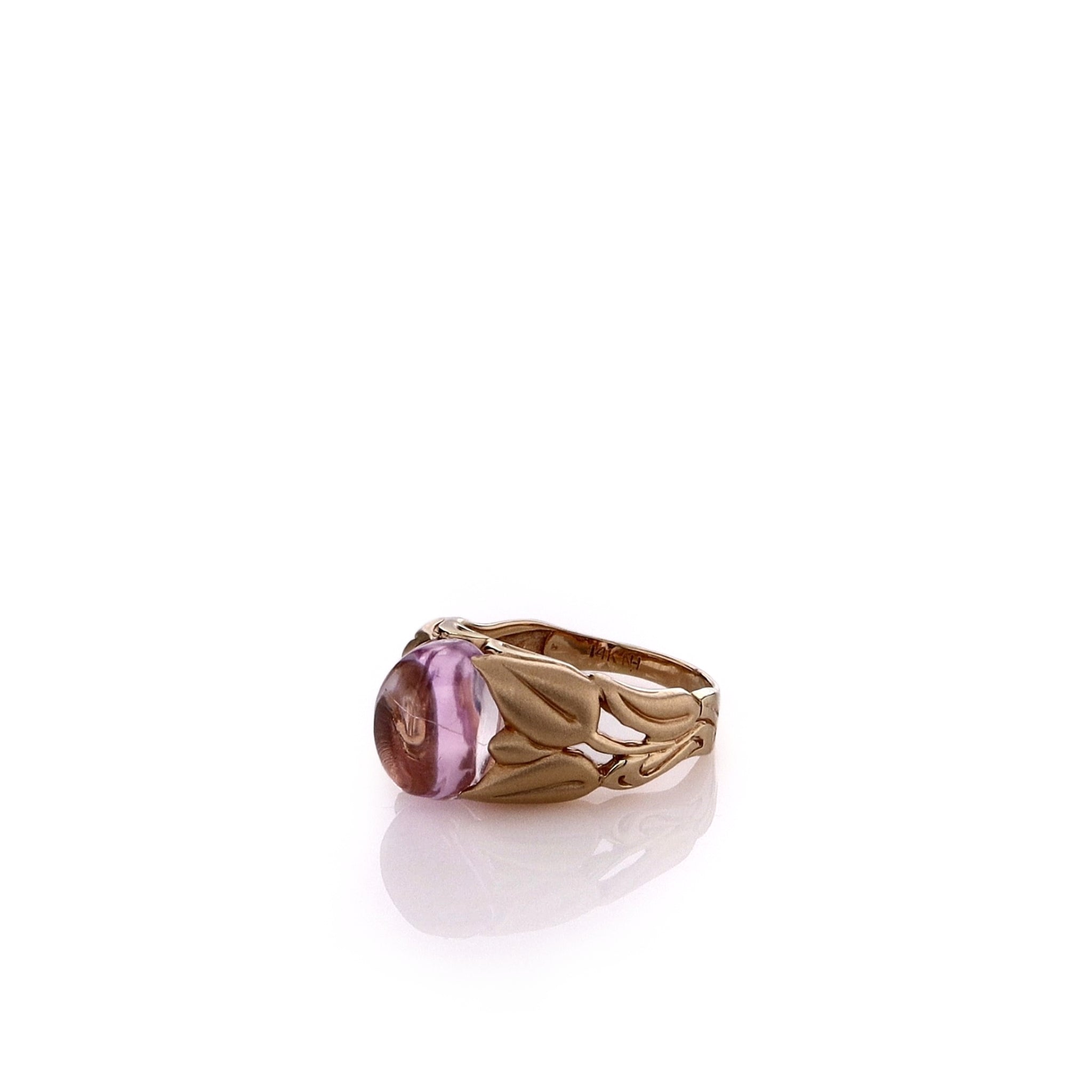 Elegant 14k Yellow Gold Floral Shank Design Pink Oval Cabochon Kunzite Engagement Ring
