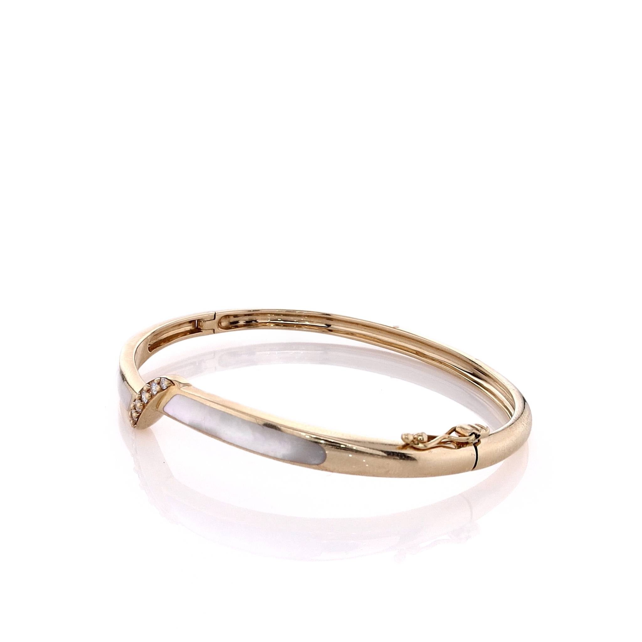 Estate 14k Yellow Gold Hinged Bangle Bracelet with Diamond and Mother of Pearl Inlay by Kabana
