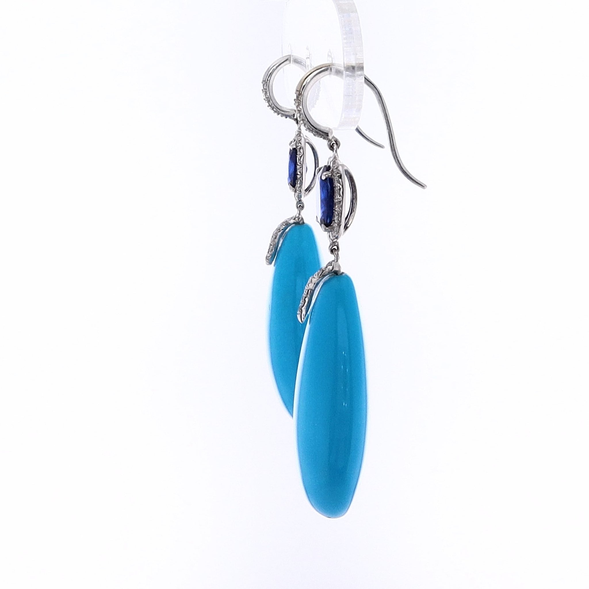 Platinum Estate Drop Earrings with Natural Turquoise, Sapphire and Diamonds