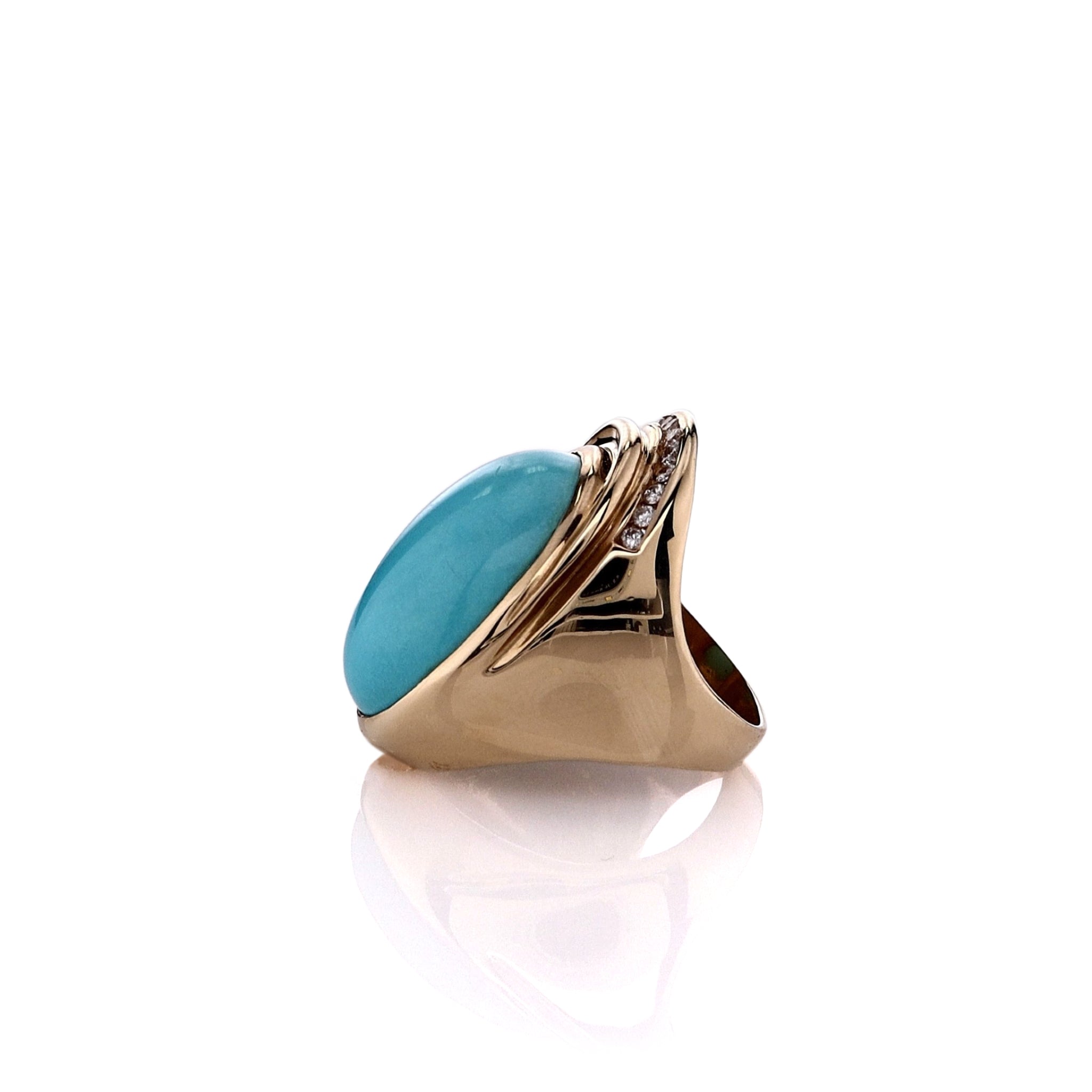 Luxurious Estate 14k Yellow Gold Ring Featuring 26x18mm Cabochon Turquoise and Sparkling Diamonds