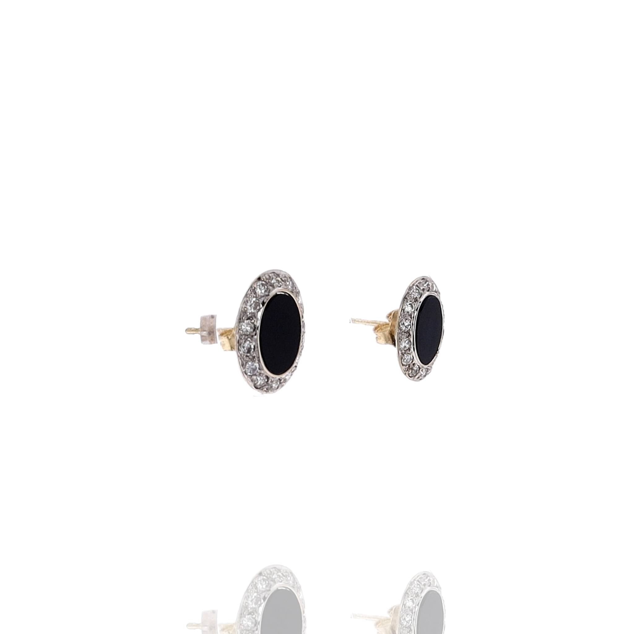 18k Two-Tone Estate Oval Black Chalcedony Stud Earrings with Diamonds
