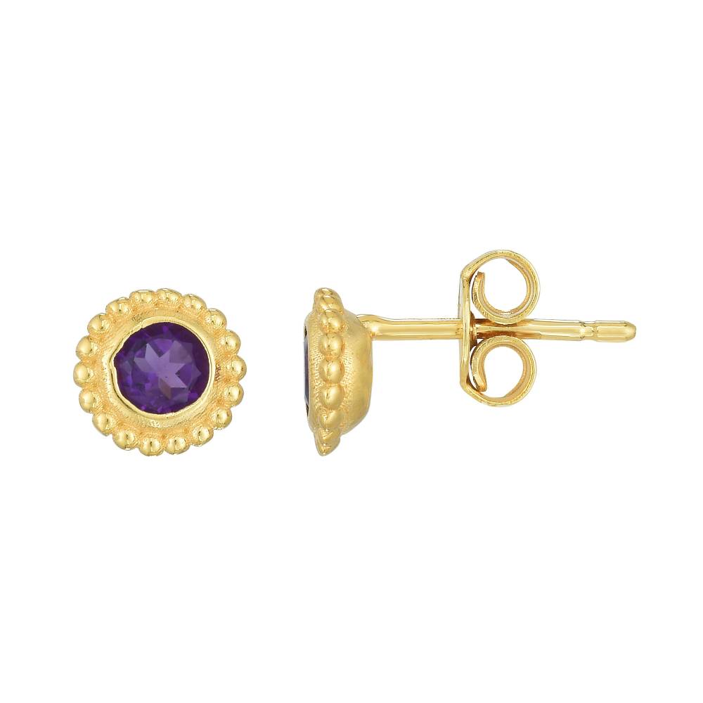 14k Yellow Gold Beaded Edge Round Amethyst Stud Earrings with High Polish Finish