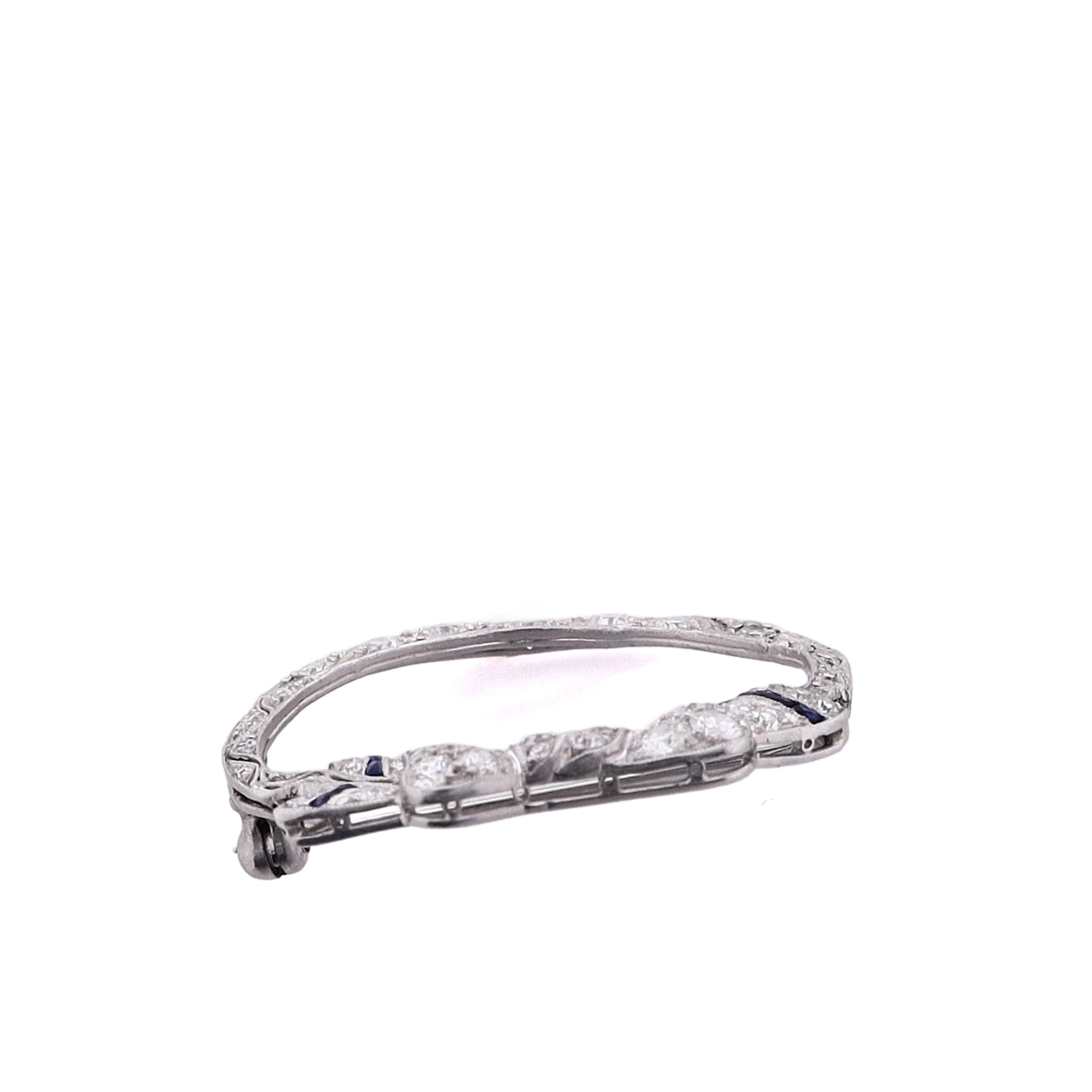 Exquisite Estate Platinum Bow - Shaped Design Diamond and Synthetic Sapphire Circle Lapel Pin