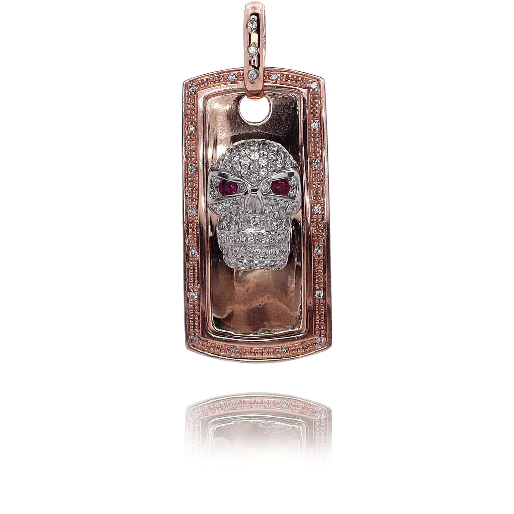 14K White and Rose Gold Dog Tag Skull Pendant with 2 Round Garnet Eyes and 97 Diamonds