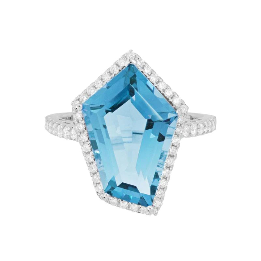 Stunning 14k White Gold Ring with Swiss Blue Topaz and 52 Round Diamonds