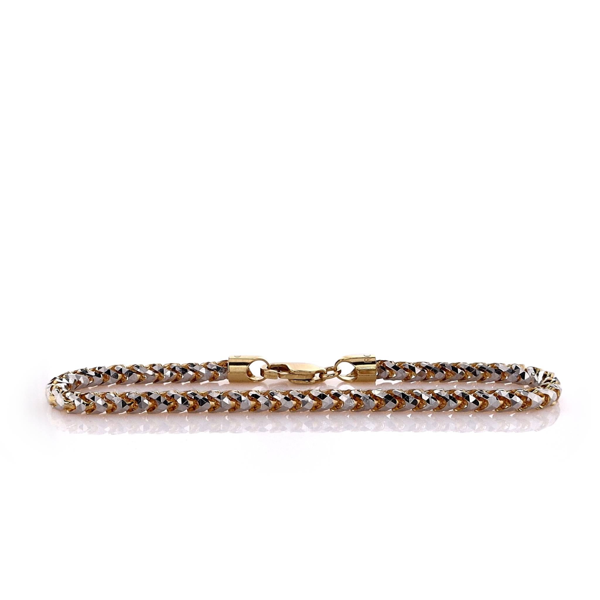 14k Gold Two-Tone Franco Link Chain Bracelet with 8 Diamond Cuts