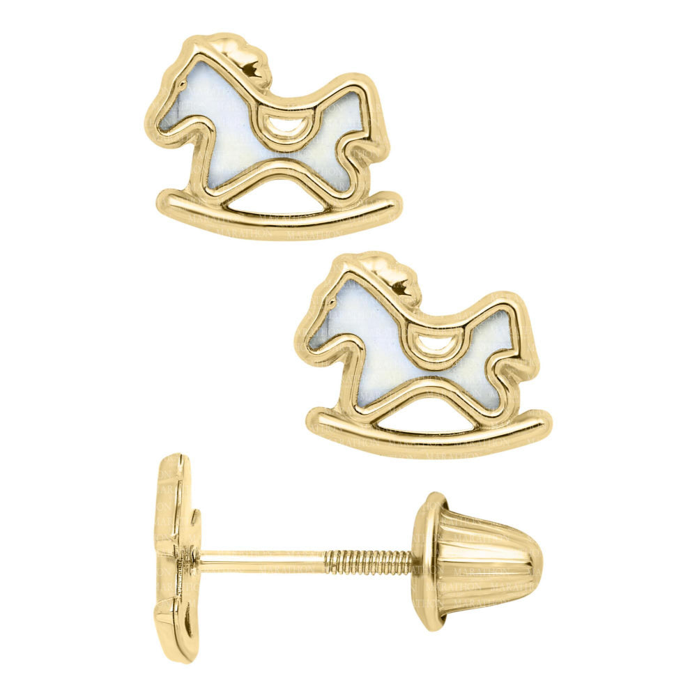 14k Gold Children's Jewelry - Rocking Horse Design Mother of Pearl Stud Earrings