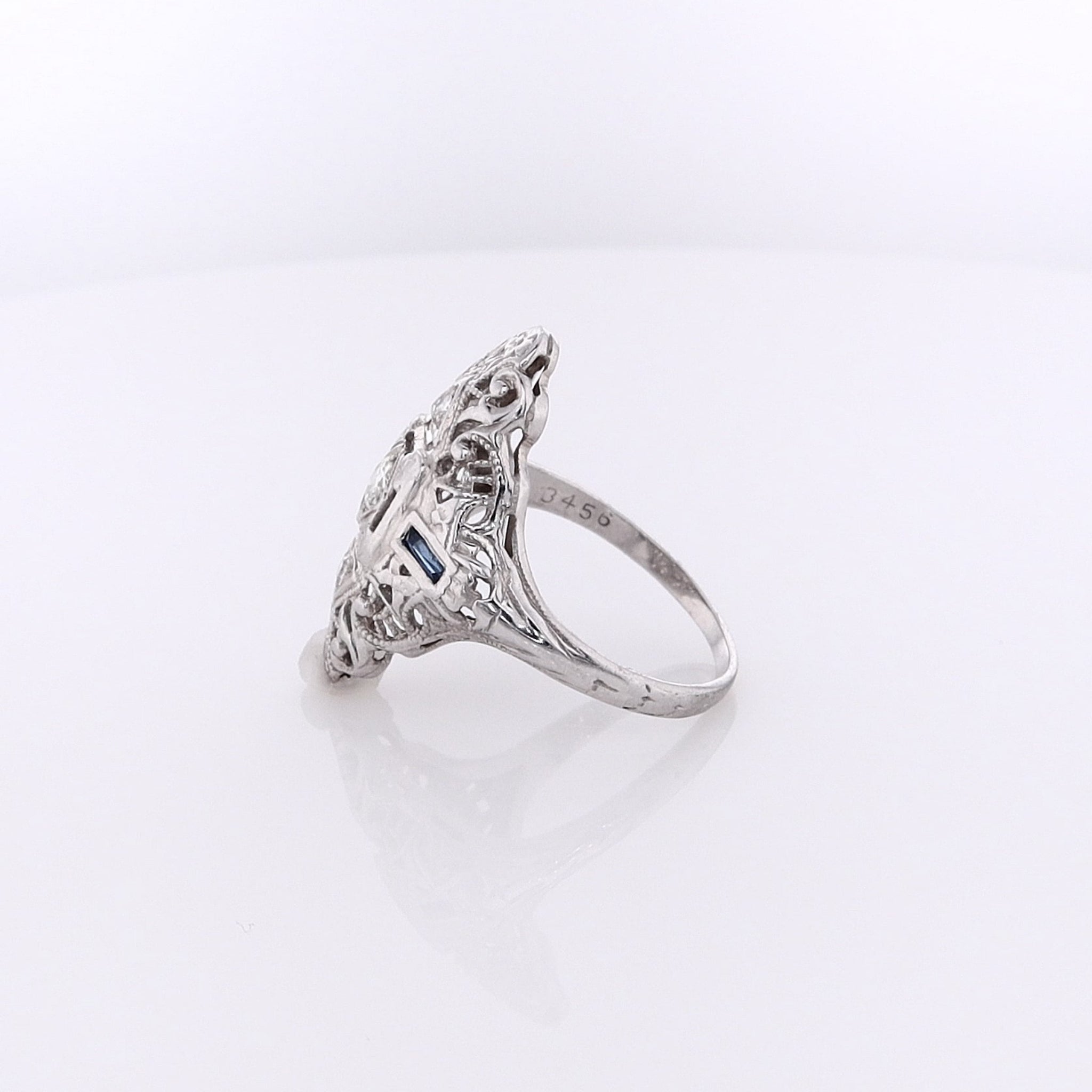 Exquisite 18 Karat White Gold Sapphire and Diamond Navette Filigree Design Engagement Ring