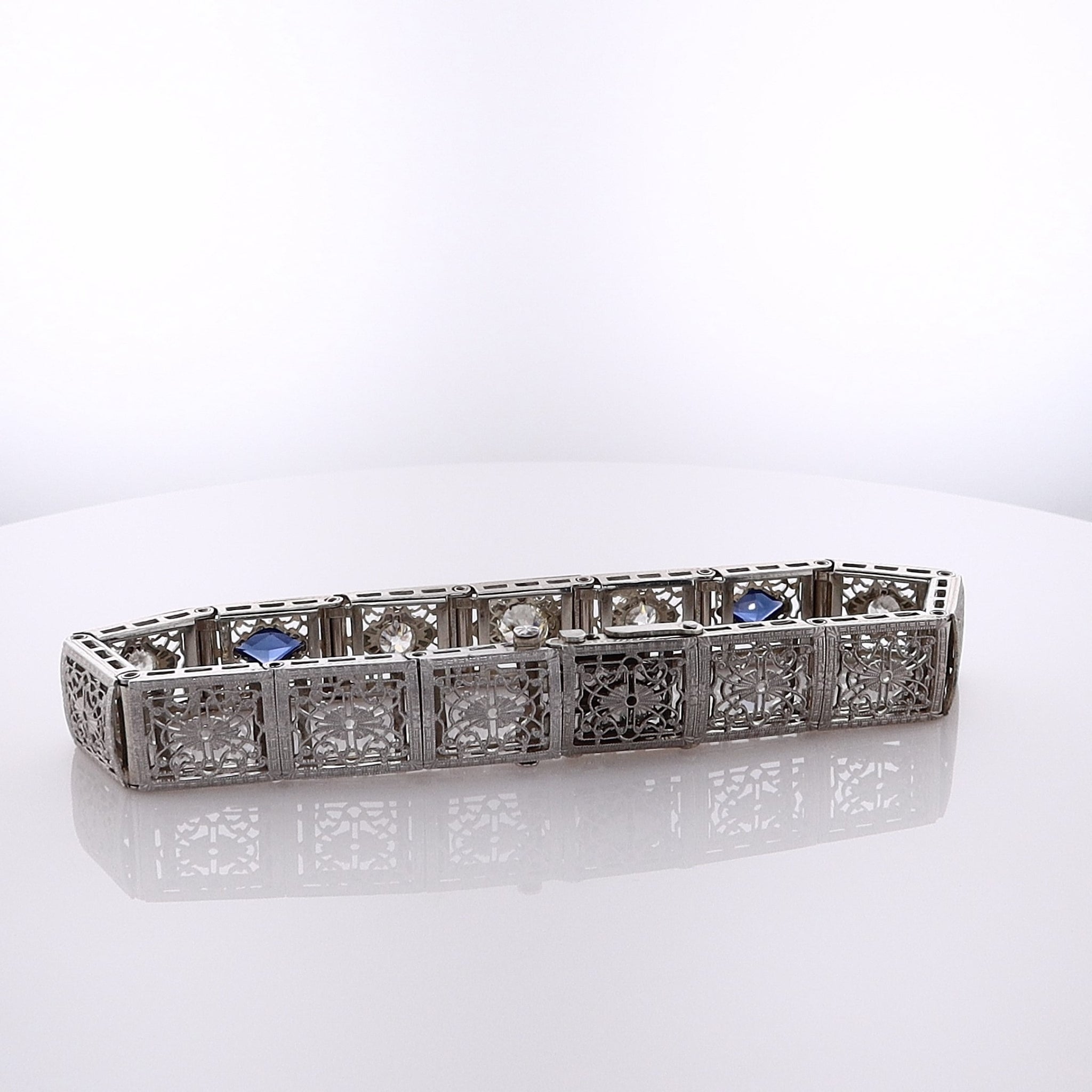 Luxurious Estate 14 Karat White Gold Diamond and Synthetic Sapphire Jewelry Bracelet