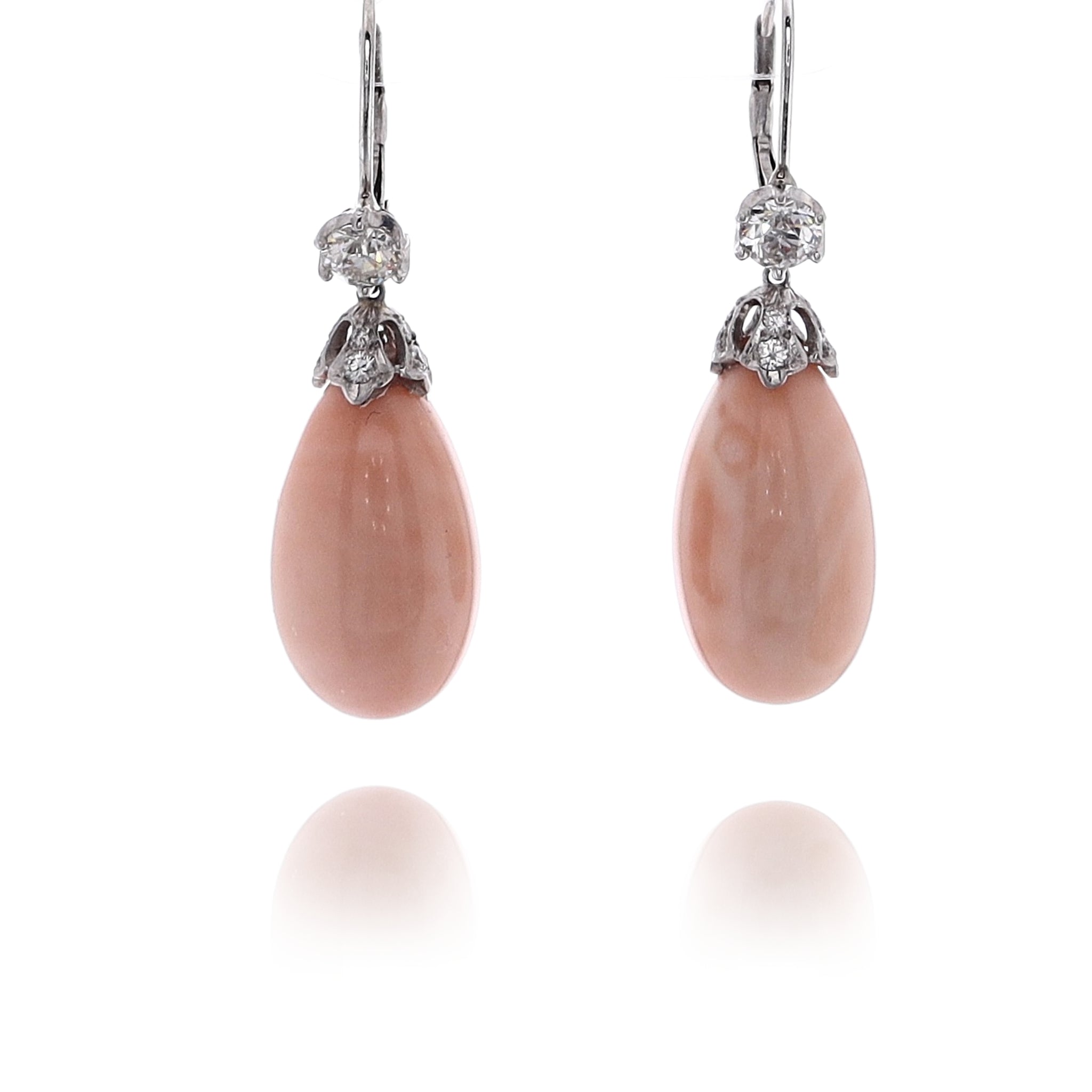 Exquisite Estate 18 Karat White Gold Coral and Diamond Dangle Drop Earrings for Women