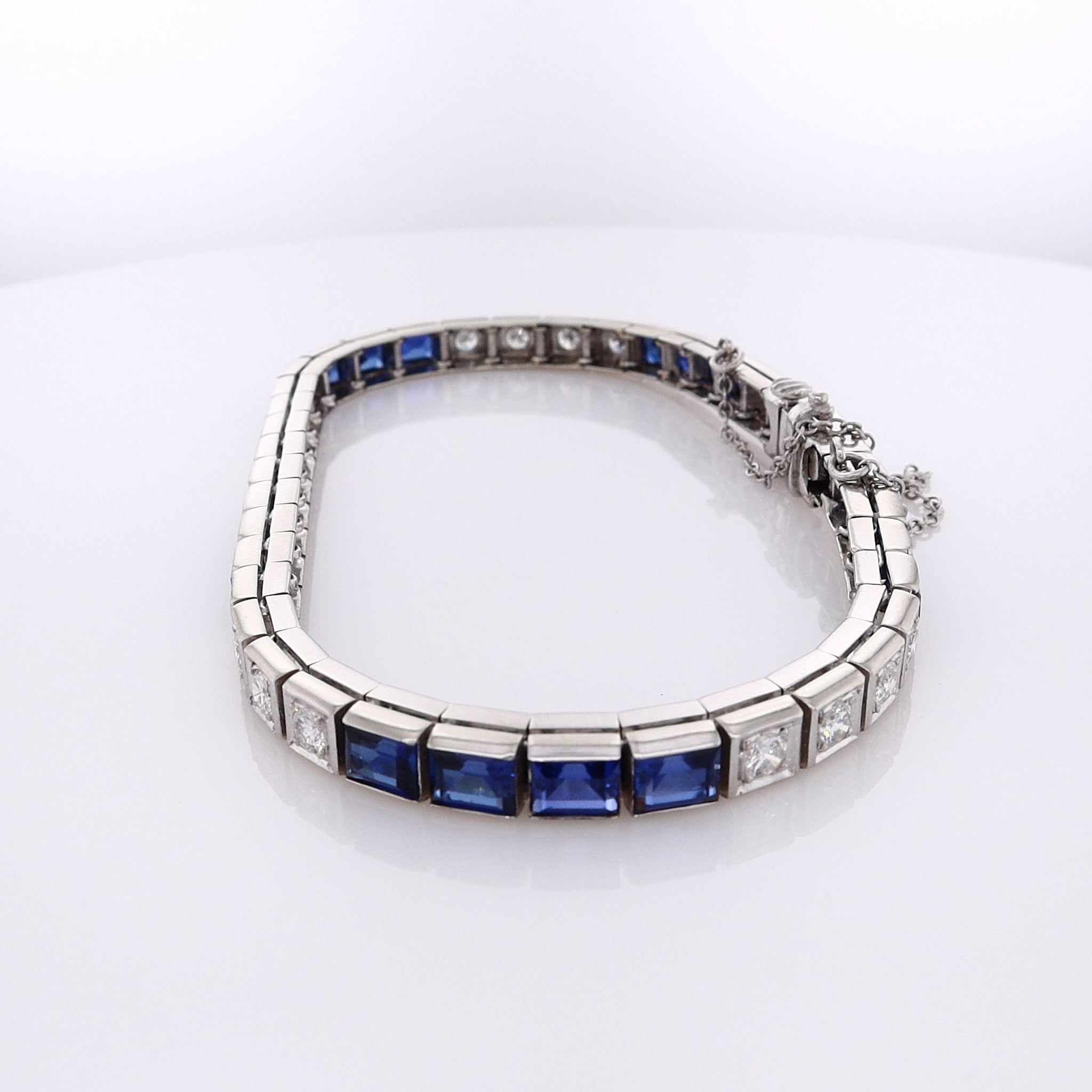 Exquisite 14K White Gold Diamond and Synthetic Sapphire Block-Style Bracelet with Safety Chain