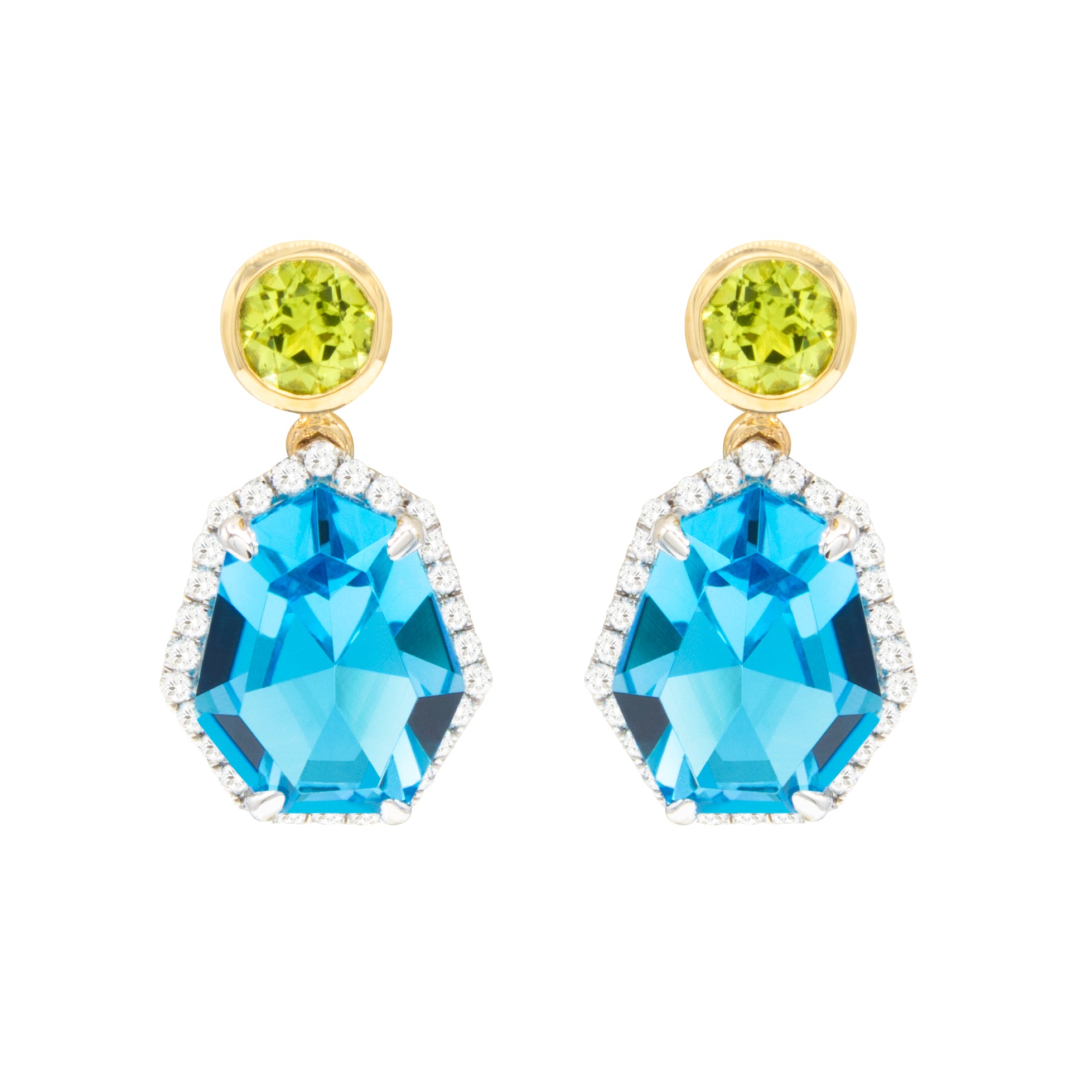 14k Gold Bellari Earrings with Blue Topaz, Peridot and Diamonds