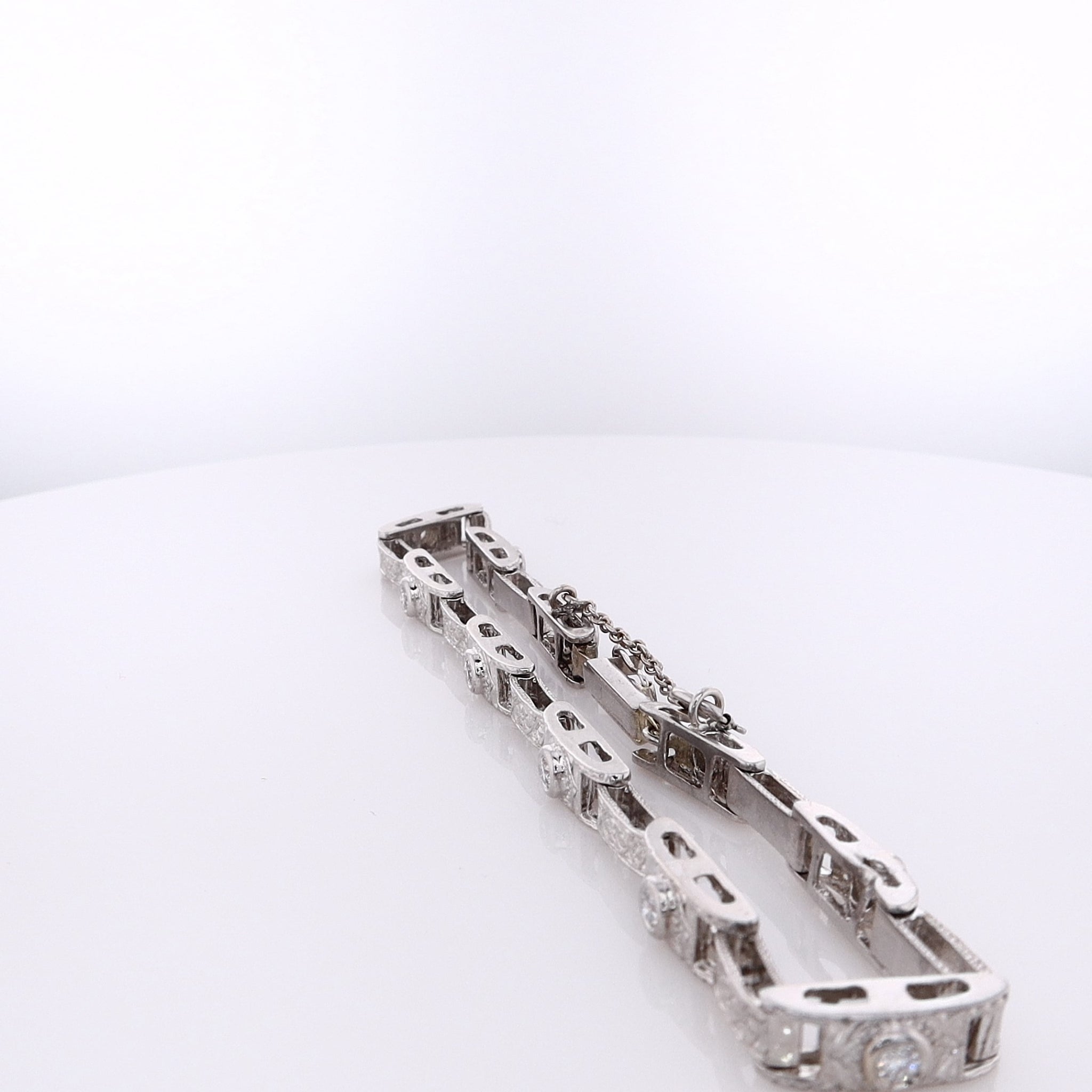 Exquisite Estate 14 Karat White Gold Diamond Bracelet with Engraved Links