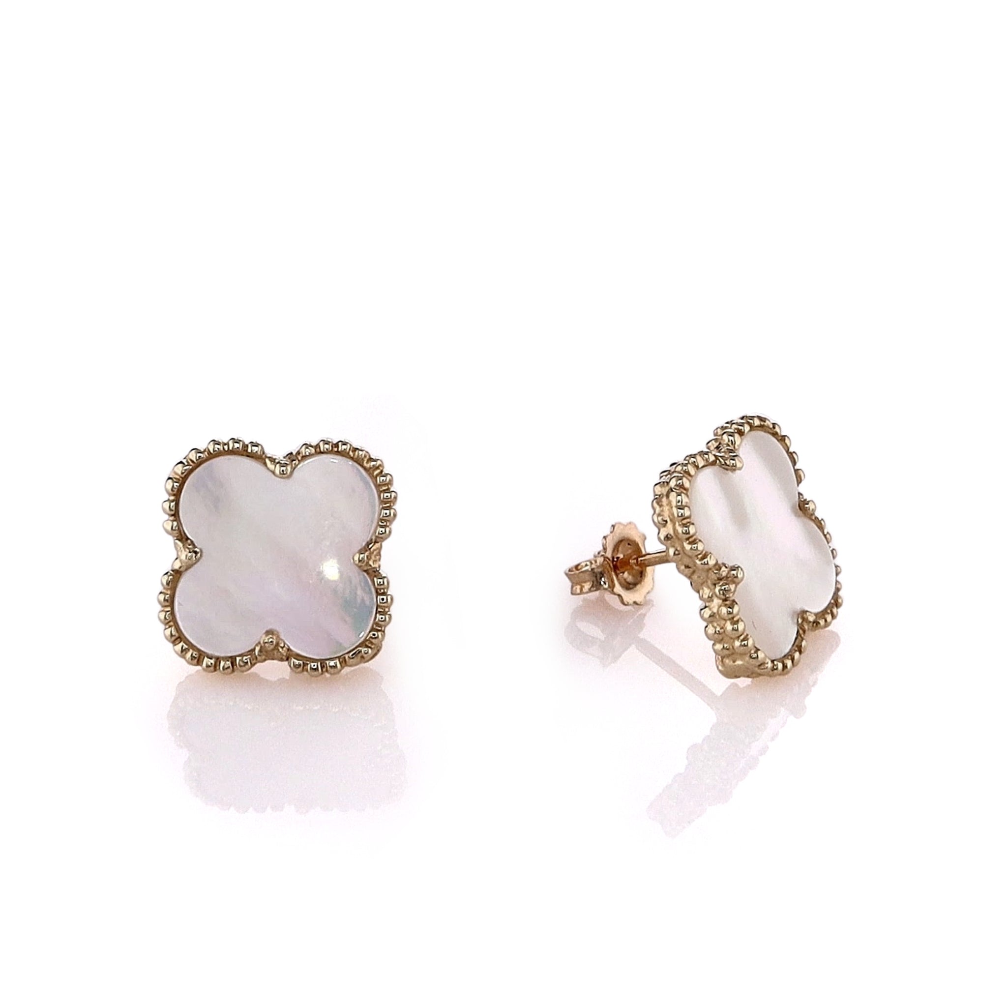 14k Yellow Gold Stud Earrings with Beaded Edge and Mother of Pearl Clover Design