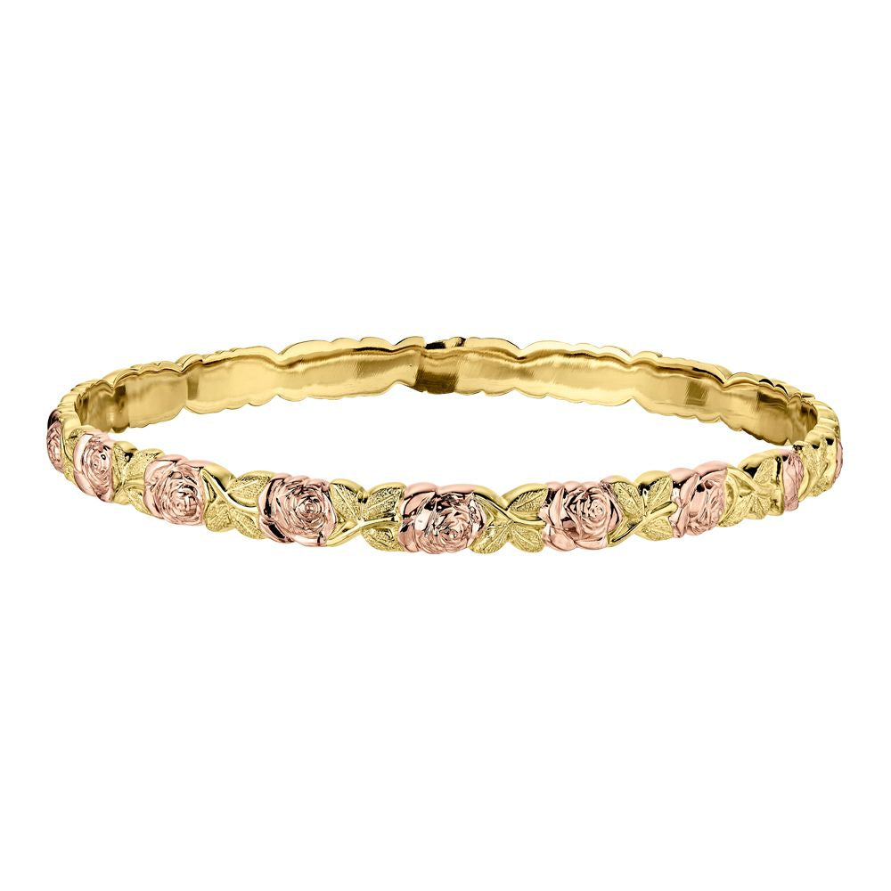 Exquisite 14k Two-Tone Hand-Carved Roses and Leaves Gold Bangle Bracelet