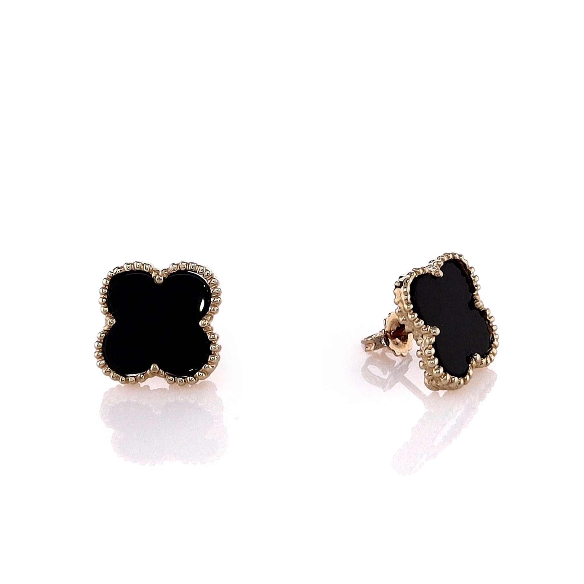 Stylish 14k Yellow Gold Beaded - Bordered Black Onyx Clover - Shaped Stud Earrings for Fashion Lovers