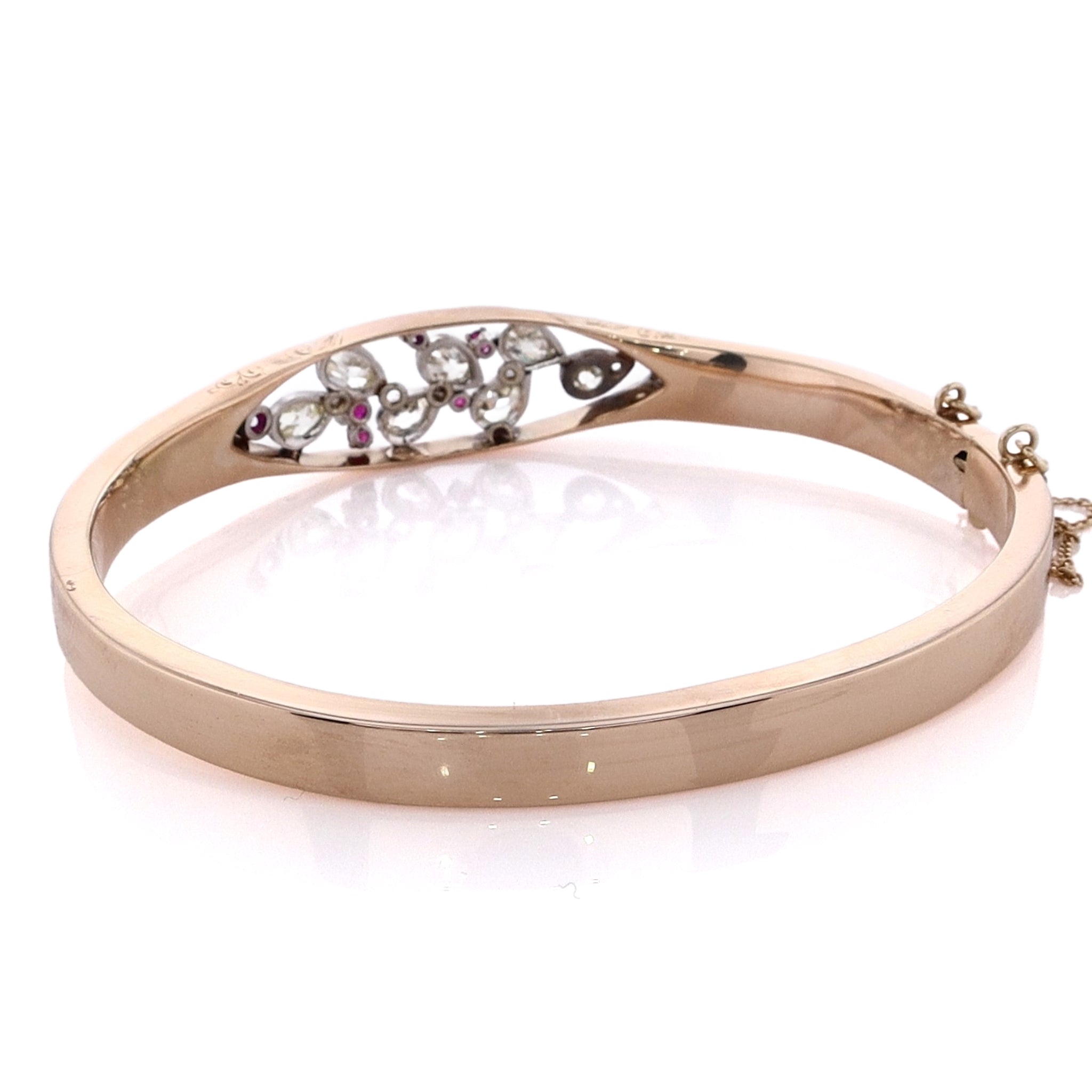 14K Yellow Gold Engraved Diamond & Ruby Hinged Bangle Bracelet with Safety Chain