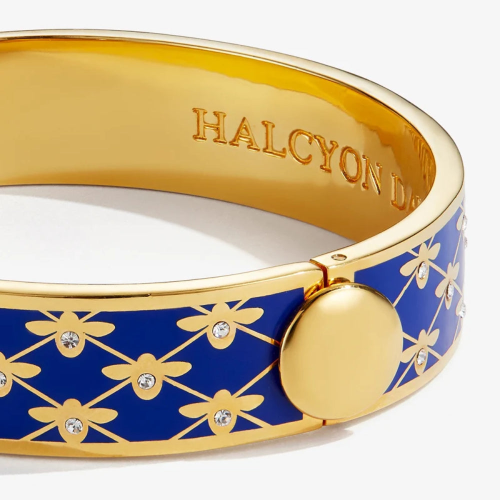 Halcyon Days 13mm Gold - Plated Enamel Hinged Bee Sparkle Trellis Design Jewelry Bangle